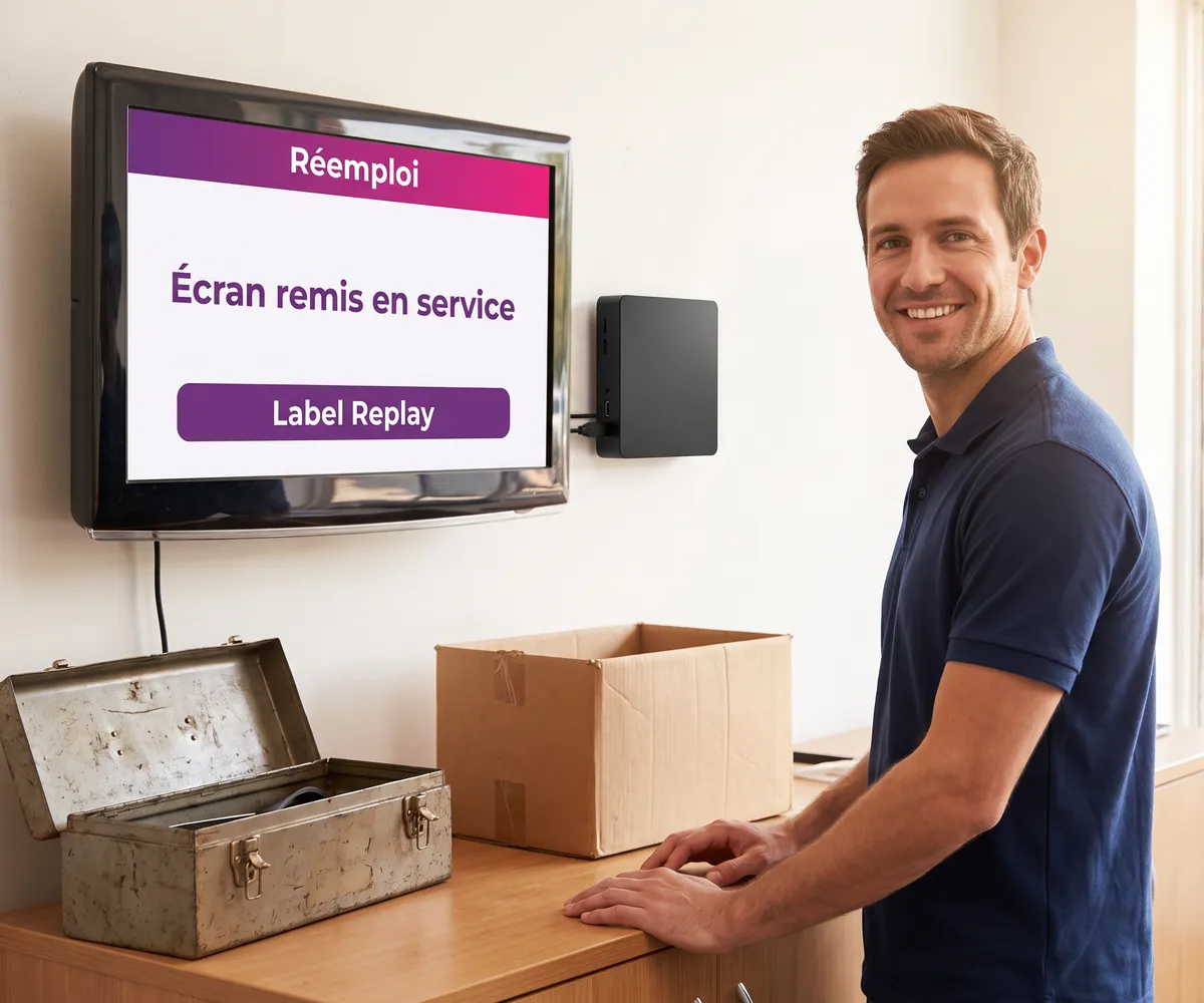 Technicien remettant en service un écran existant grâce à un player, avec le label Replay affiché à l'écran