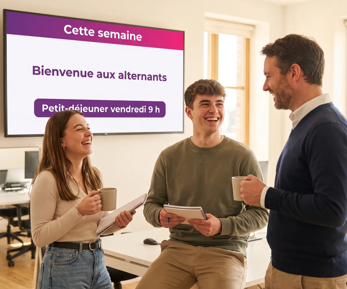 Deux alternants accueillis par leur tuteur devant un écran qui leur souhaite la bienvenue