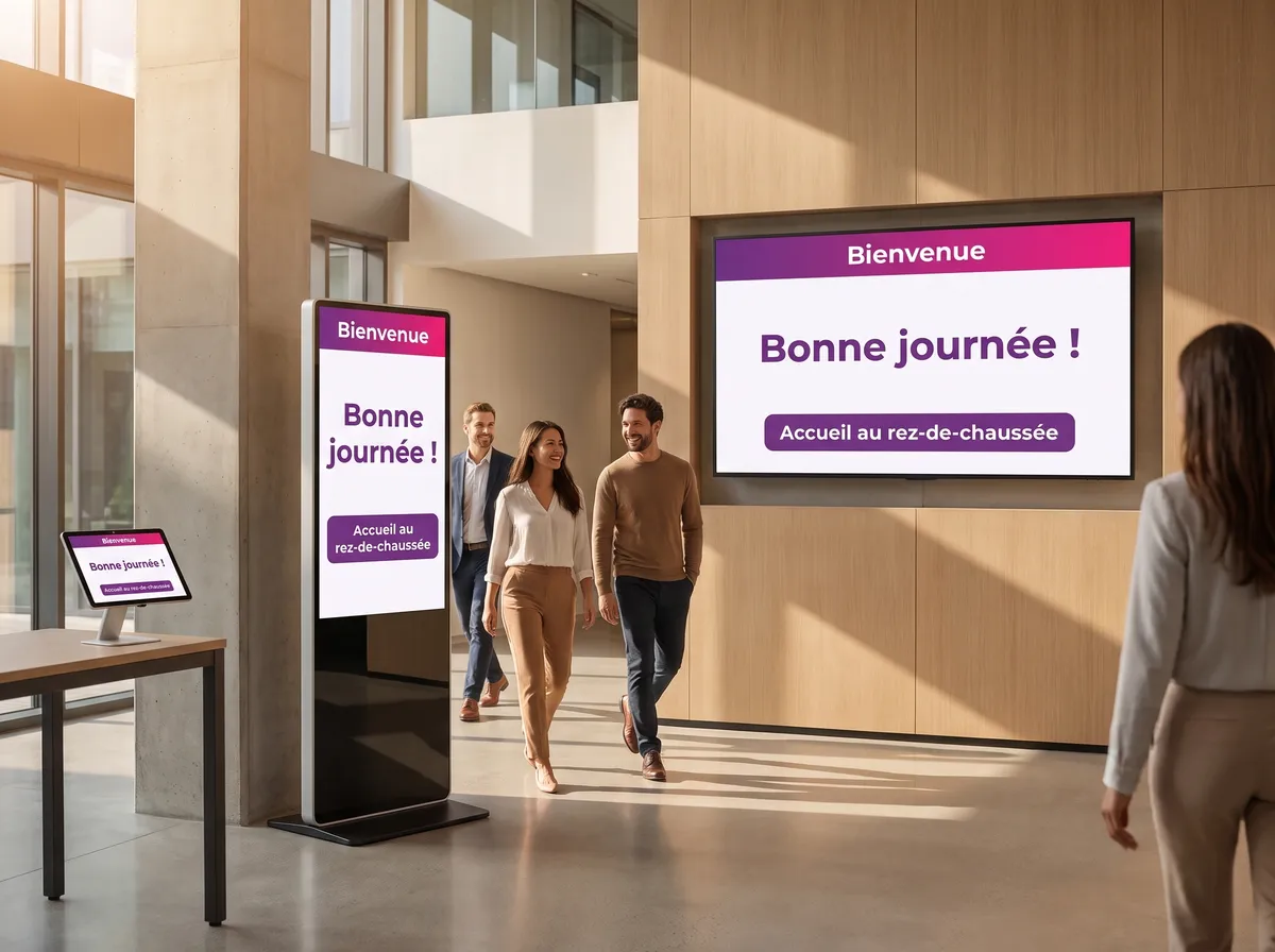 Hall d'immeuble où un écran mural, un totem et une tablette affichent le même message d'accueil