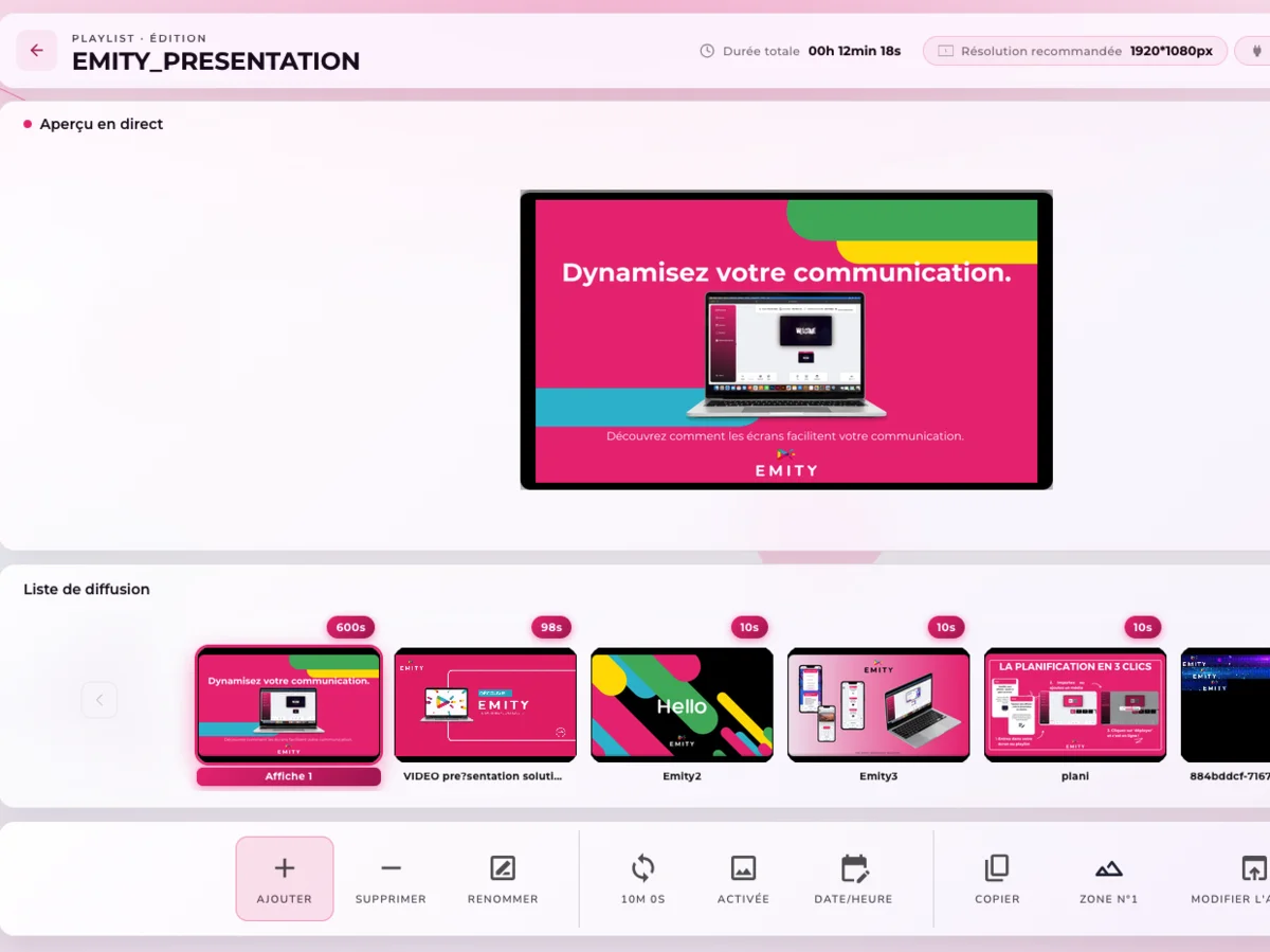 Interface E-MANAGER : édition d'une playlist avec aperçu en direct et liste de diffusion