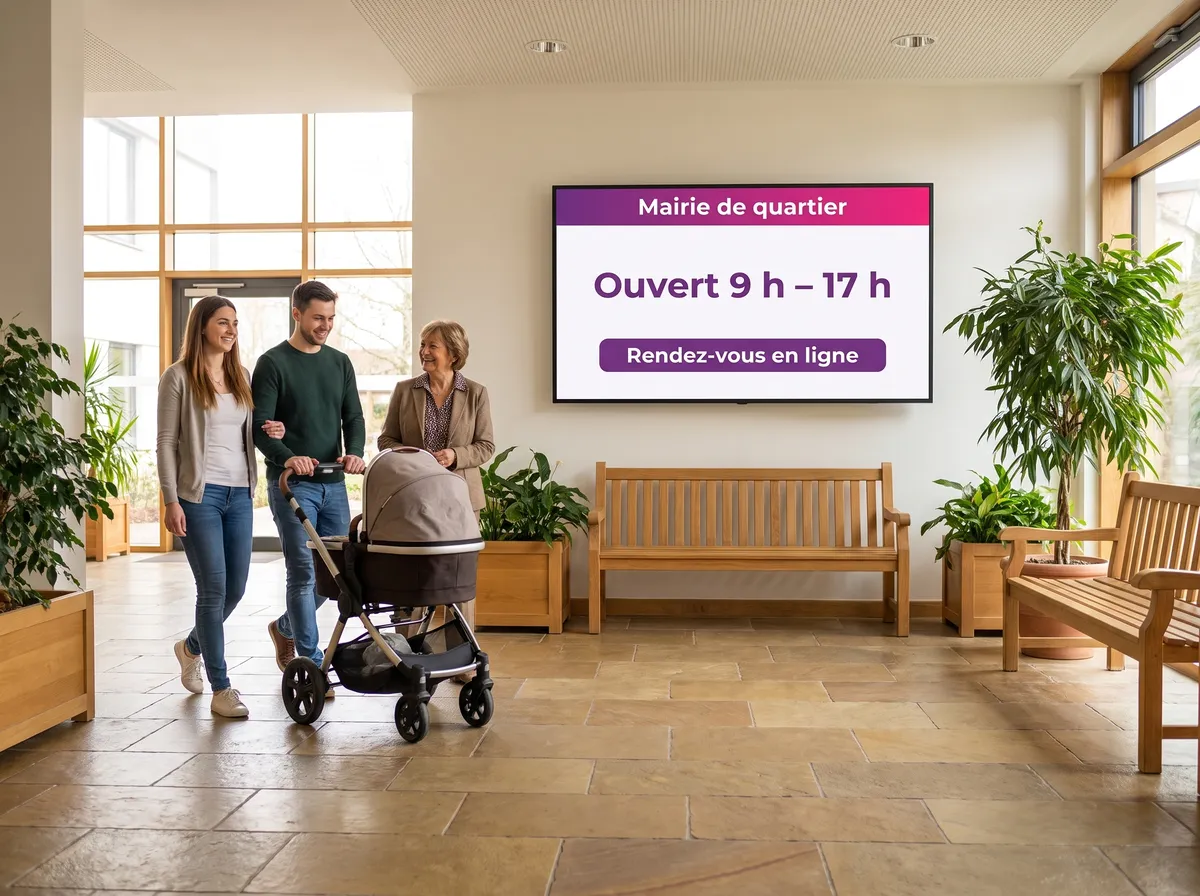 Hall de mairie : un écran mural affiche les horaires d'ouverture et la prise de rendez-vous en ligne