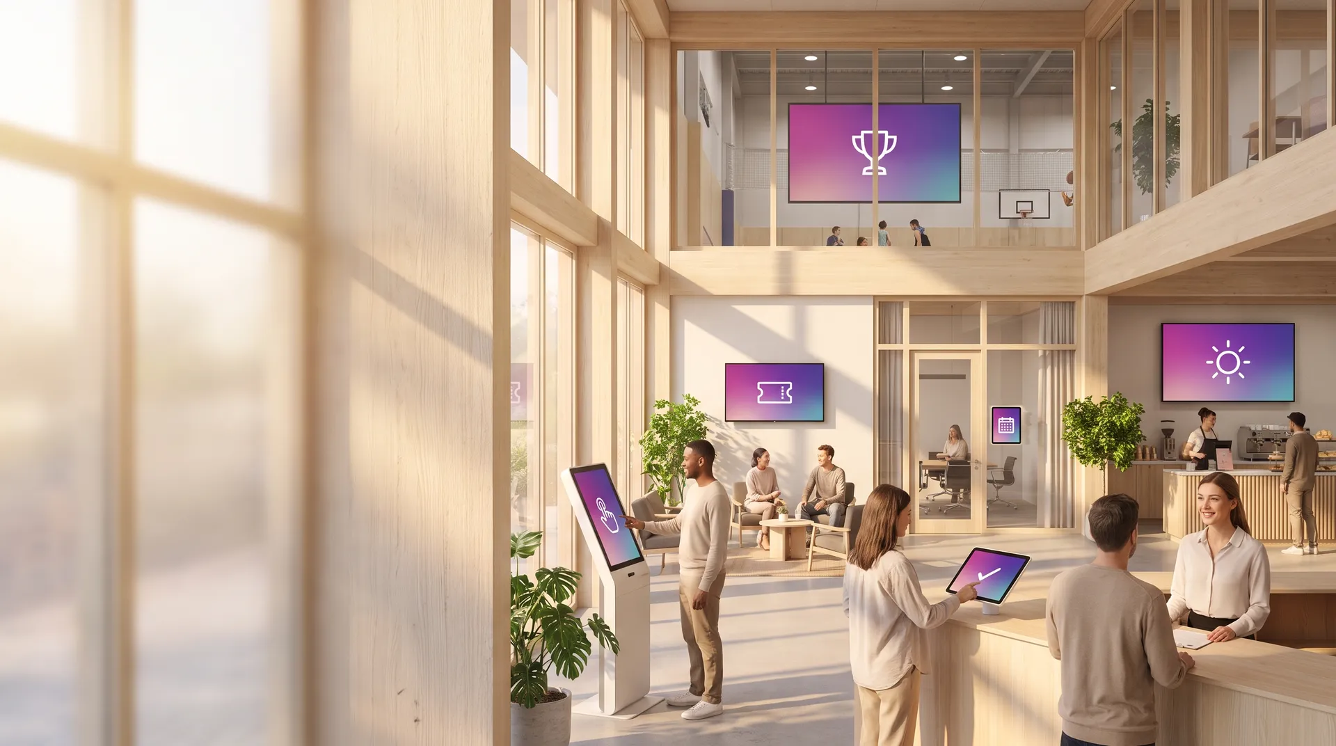 Atrium lumineux réunissant accueil sur tablette, borne tactile, écran d'appel, écran de salle de réunion, écran d'information et écran de salle de sport