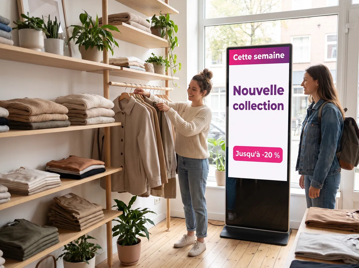 Boutique de vêtements : un totem vertical annonce la nouvelle collection et une remise jusqu'à 20 %
