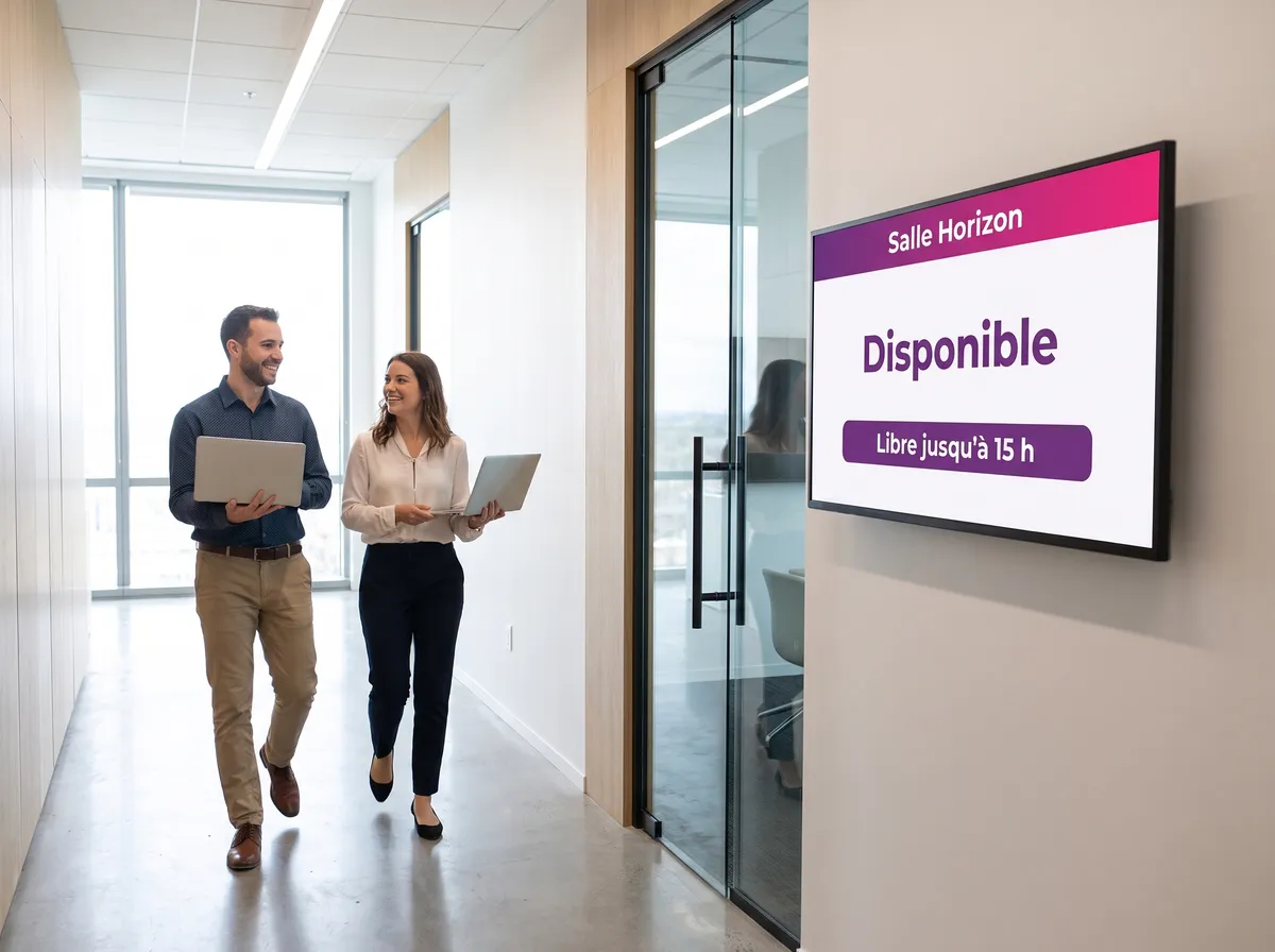 Couloir de bureaux : l'écran de la salle Horizon indique qu'elle est disponible jusqu'à 15 h