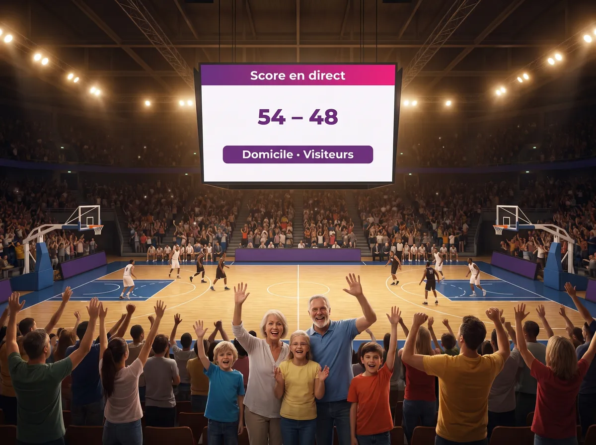Salle de basket en fête : l'écran géant affiche le score en direct