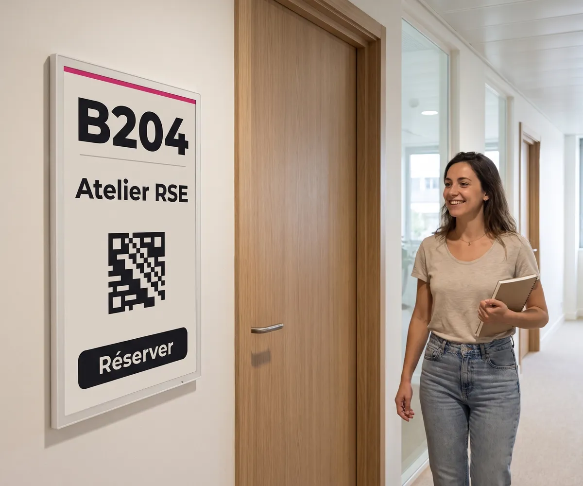 Dalle à encre numérique près d'une porte de salle, annonçant l'atelier RSE avec un QR code de réservation