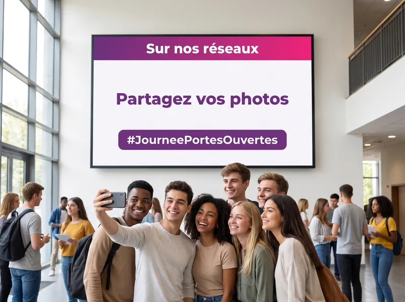Étudiants prenant un selfie devant un écran qui invite à partager ses photos