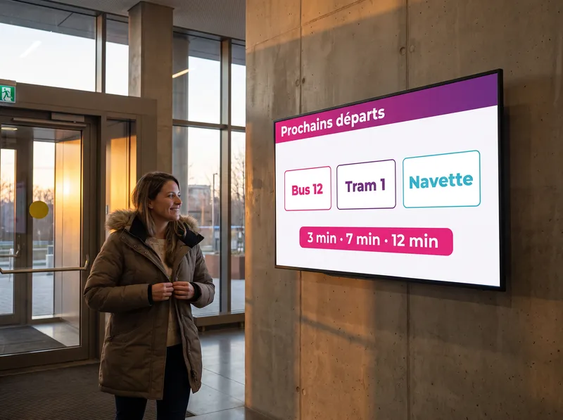 Sortie de bureaux : écran des prochains départs de bus, tram et navette