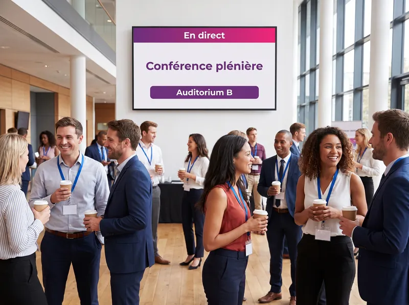 Foyer de centre de congrès : écran annonçant la conférence plénière en direct