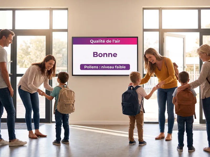 Hall d'école : écran de la qualité de l'air et du niveau de pollens