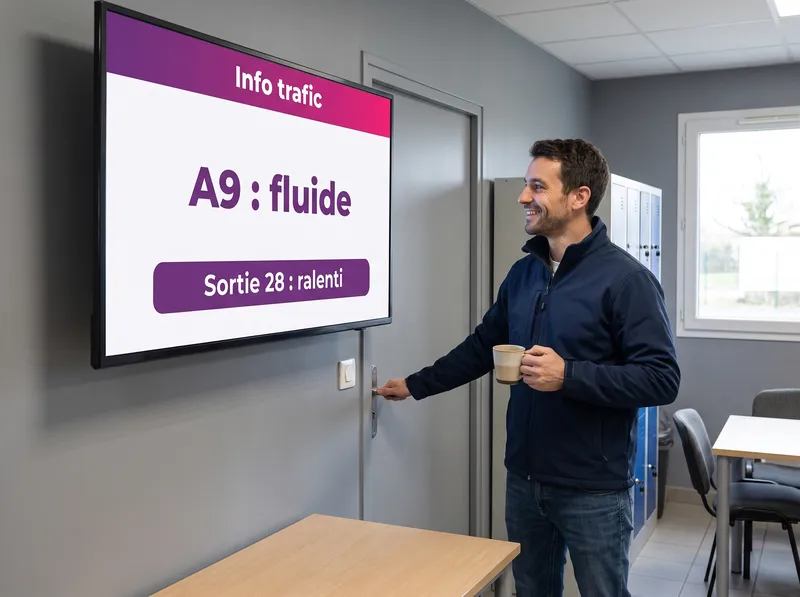 Salle de pause de chauffeurs : écran d'info trafic sur l'A9