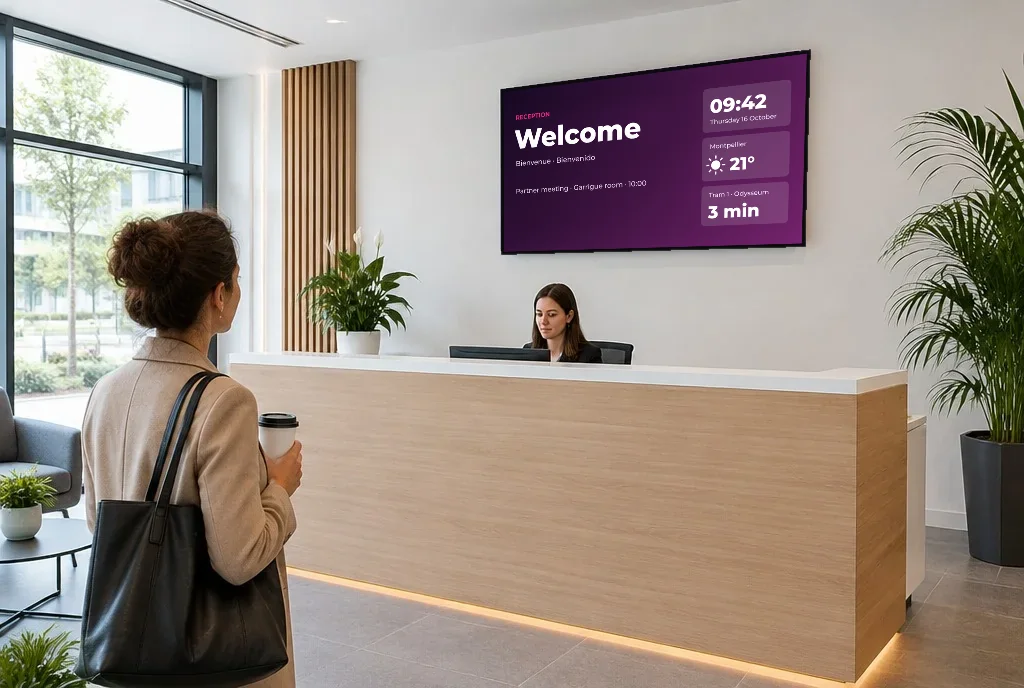 Visitor arriving at reception under a welcome screen with the time and weather