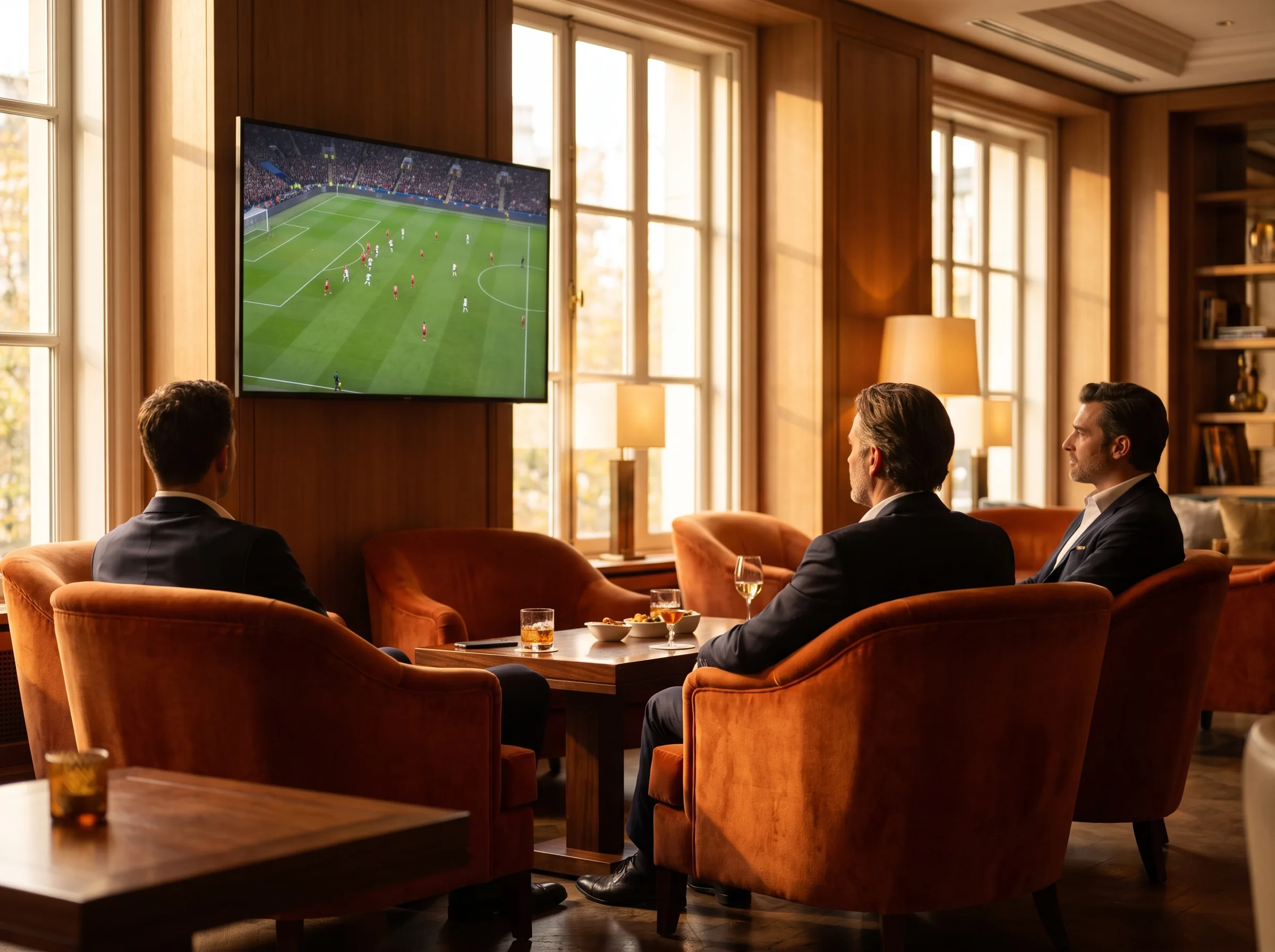 Hotel lounge where guests watch a football match shown live on the wall screen