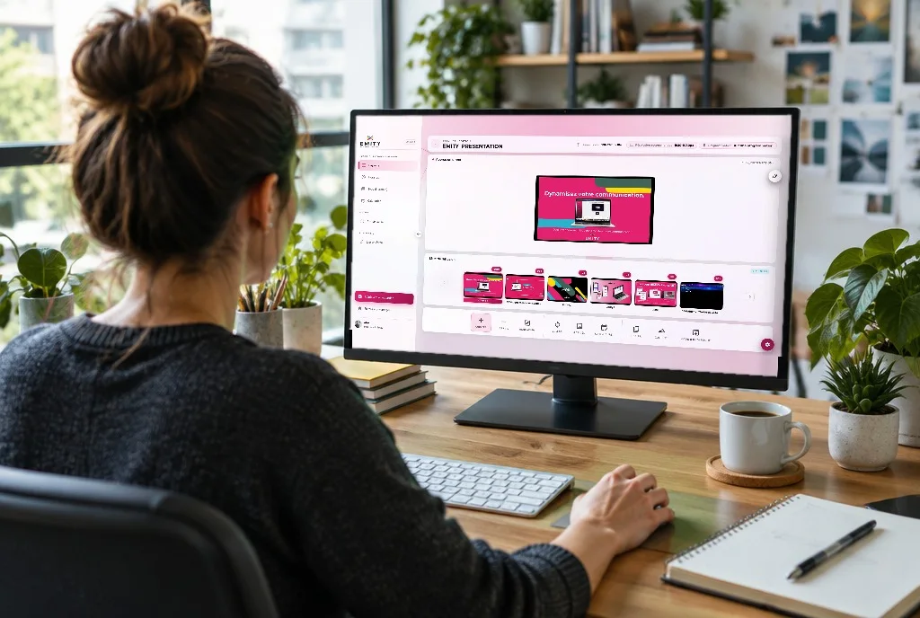 Graphiste qui compose une affiche dans l'éditeur d'E-MANAGER sur un grand moniteur