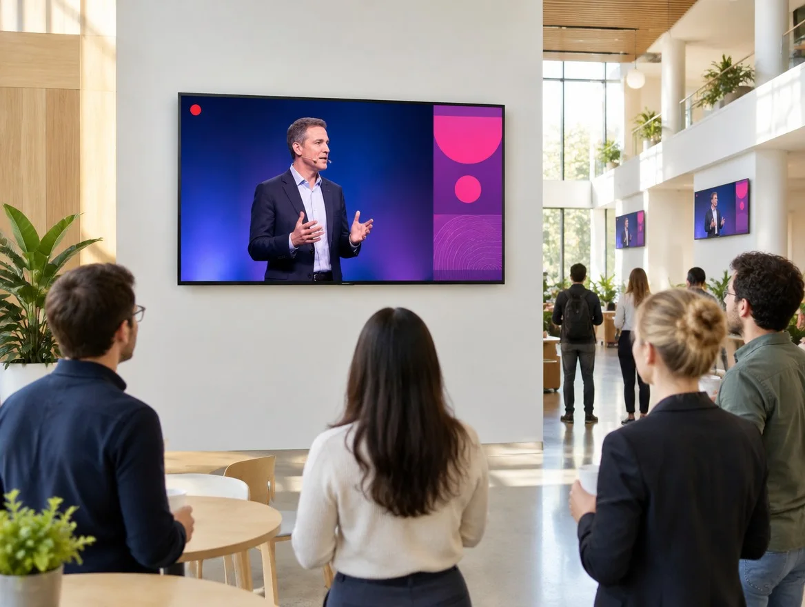 Collaborateurs qui suivent une intervention retransmise en direct sur un grand écran, dans un atrium lumineux