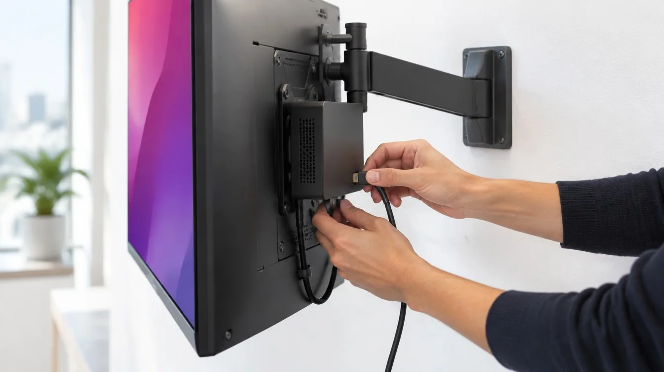 Connecting an E-BOX player behind a wall-mounted screen