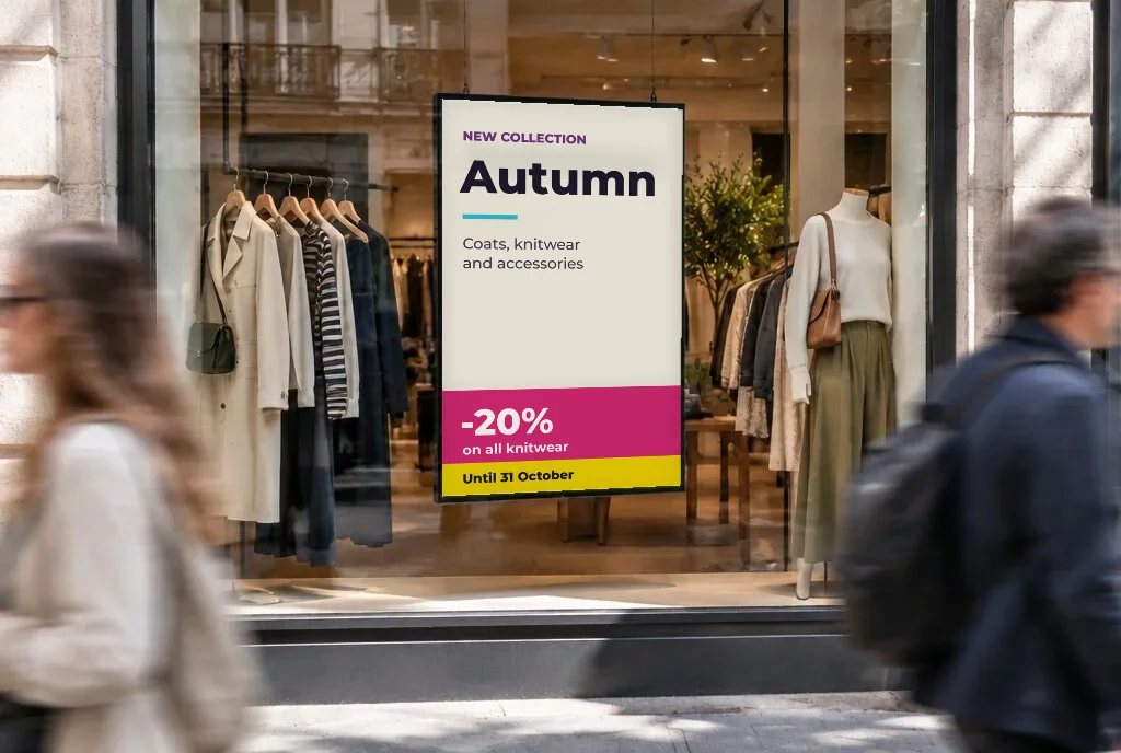 Shop window with a colour e-paper poster announcing the new collection