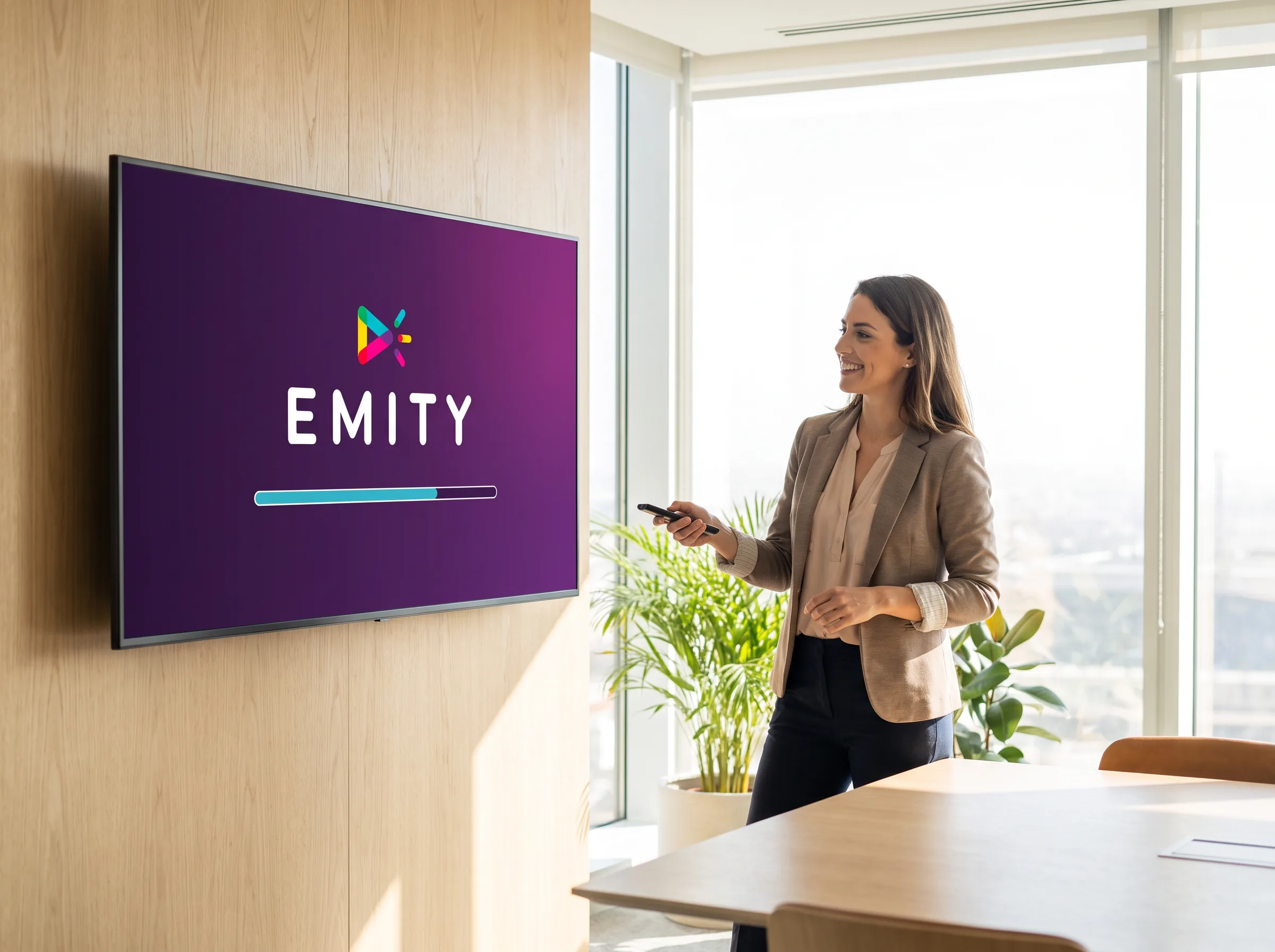 Responsable d'una oficina que instal·la l'aplicació EMITY en una smart TV mural amb el comandament