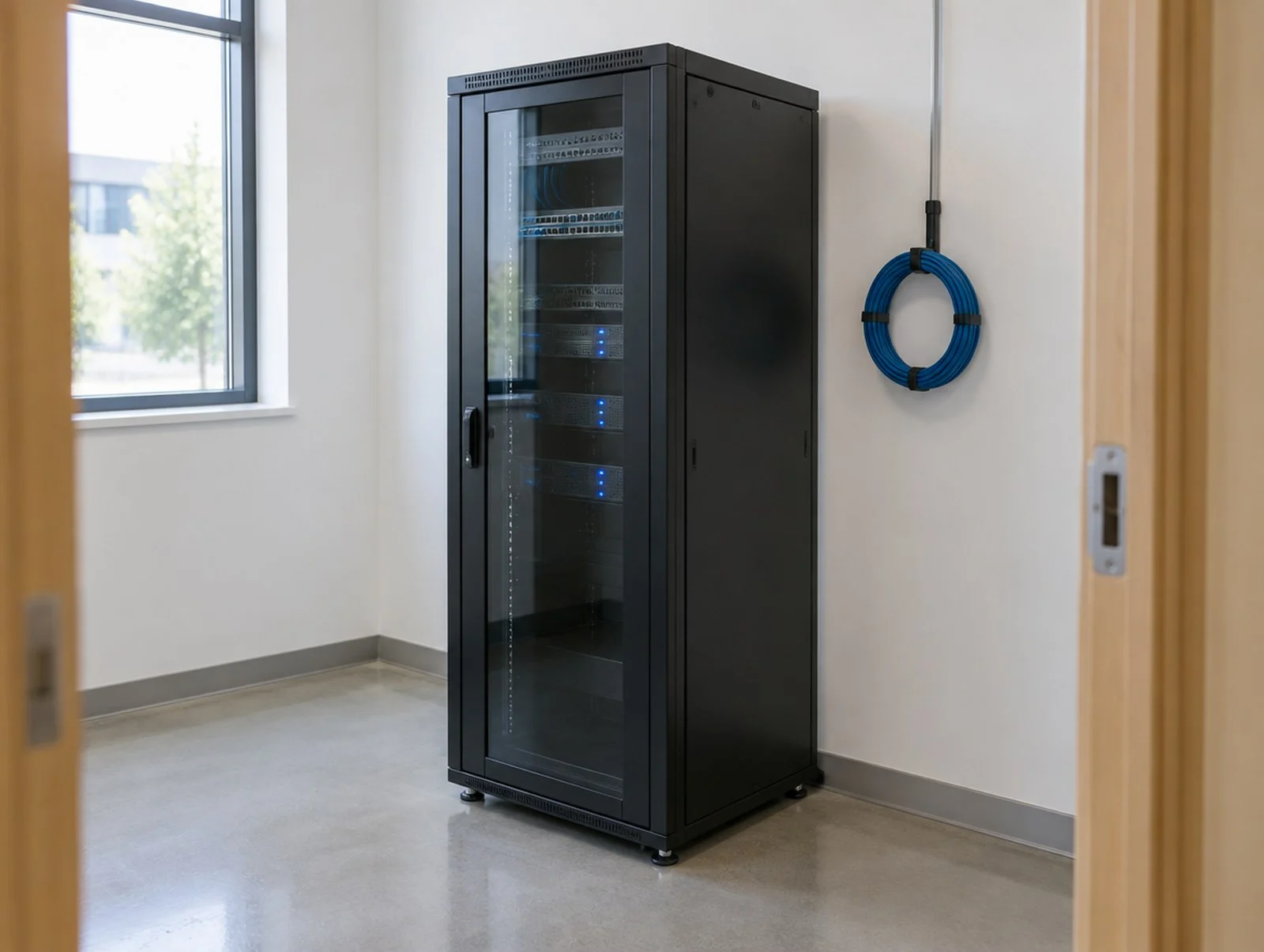 Network rack in a technical room, with the cables and equipment the IPTV stream runs through