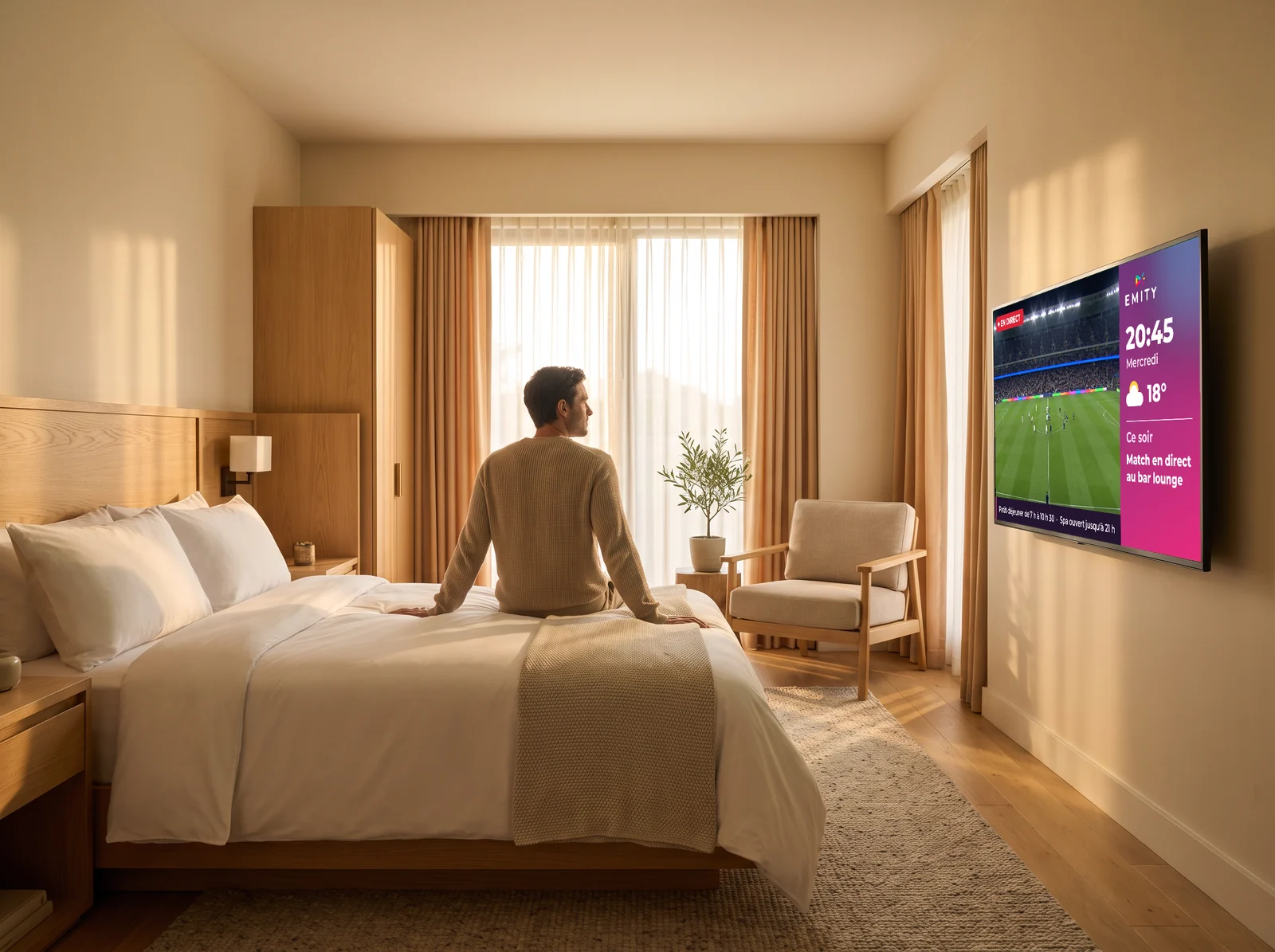 Client assis sur le lit d'une chambre d'hôtel devant le téléviseur qui diffuse une chaîne et les informations du séjour