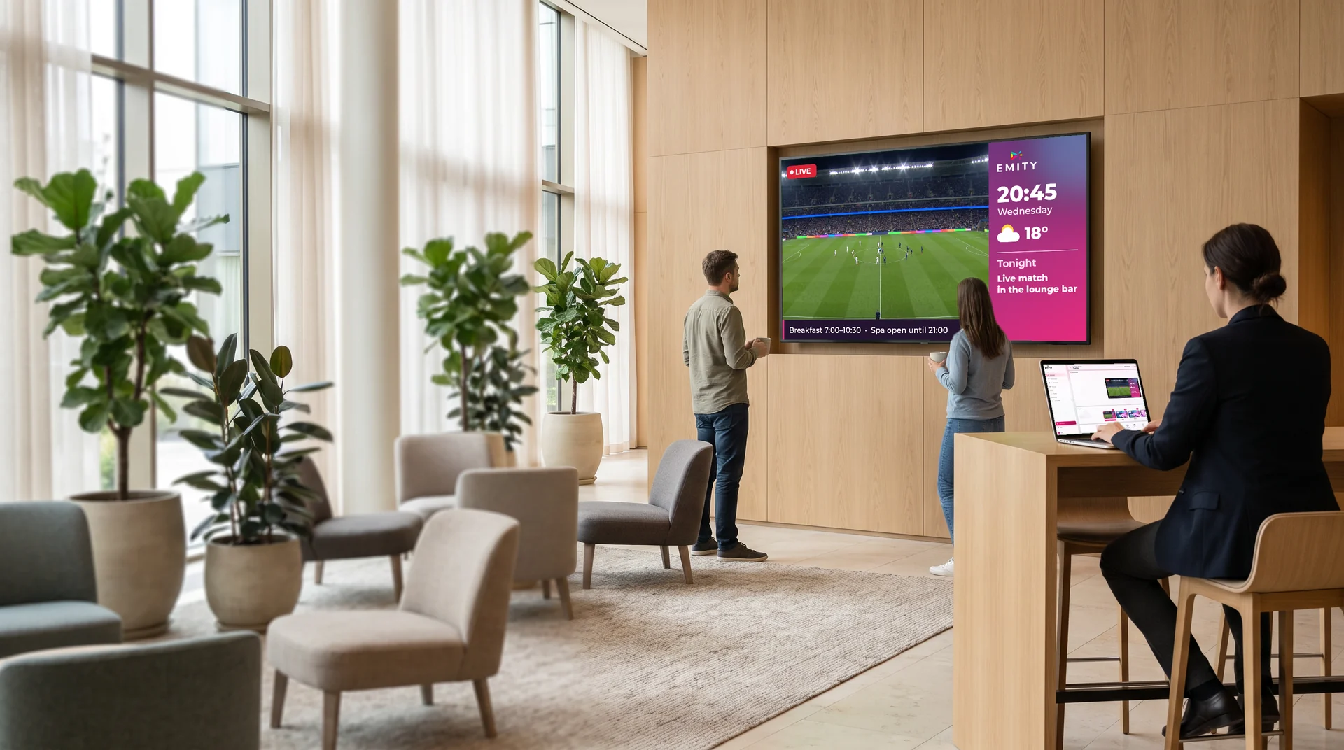 Screen showing a live channel alongside information, managed by EMITY