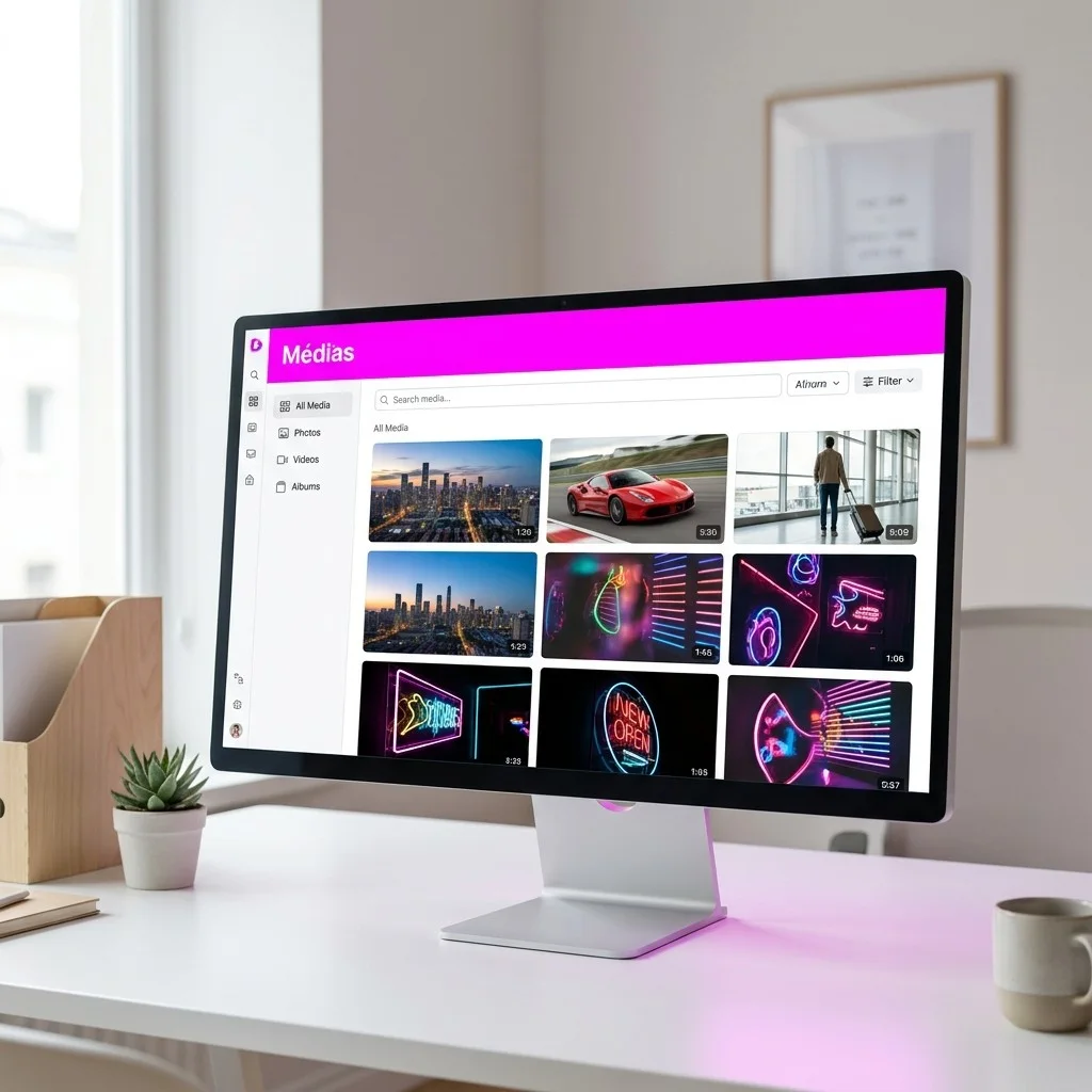 Médiathèque E-MANAGER ouverte sur un iMac, avec les photos et vidéos rangées par dossiers