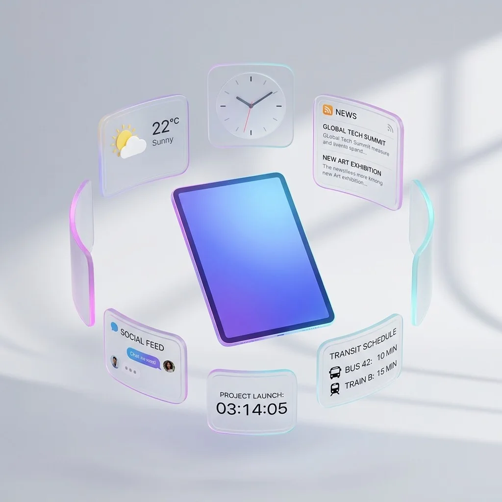 Widgets EMITY : météo, heure, actualités, réseaux sociaux et transports autour d'un écran