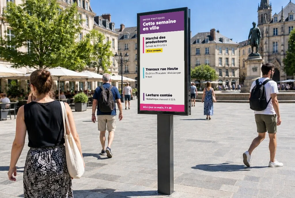 Affichage à encre numérique sur une place de centre-ville, lisible en plein soleil