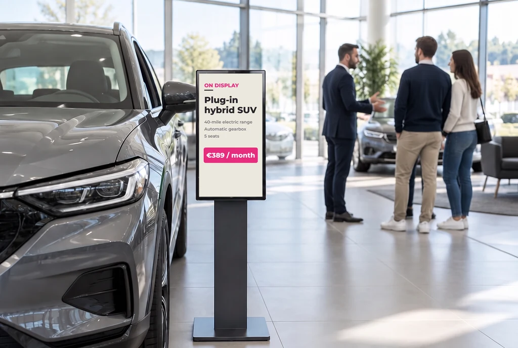 Showroom: a salesman advises a couple next to an SUV, beside a digital-ink stand showing the car's details and price
