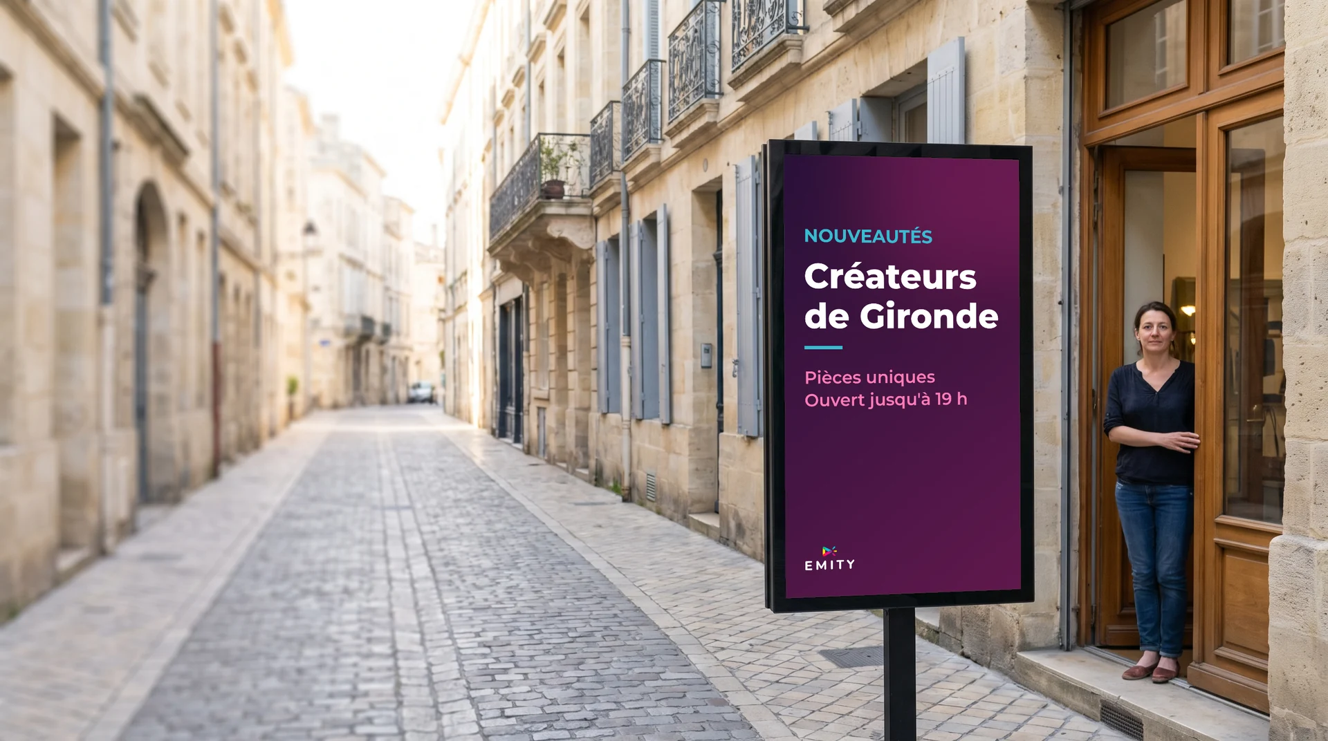 Rue pavée des Chartrons à Bordeaux, façades en pierre blonde : devant sa boutique, une commerçante et un écran sur pied « Créateurs de Gironde »