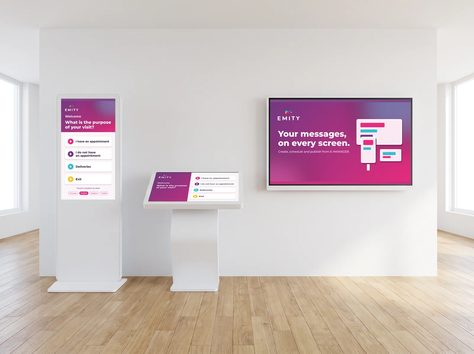 Three touchscreen formats run by EMITY: a portrait totem, a lectern kiosk and an interactive wall display