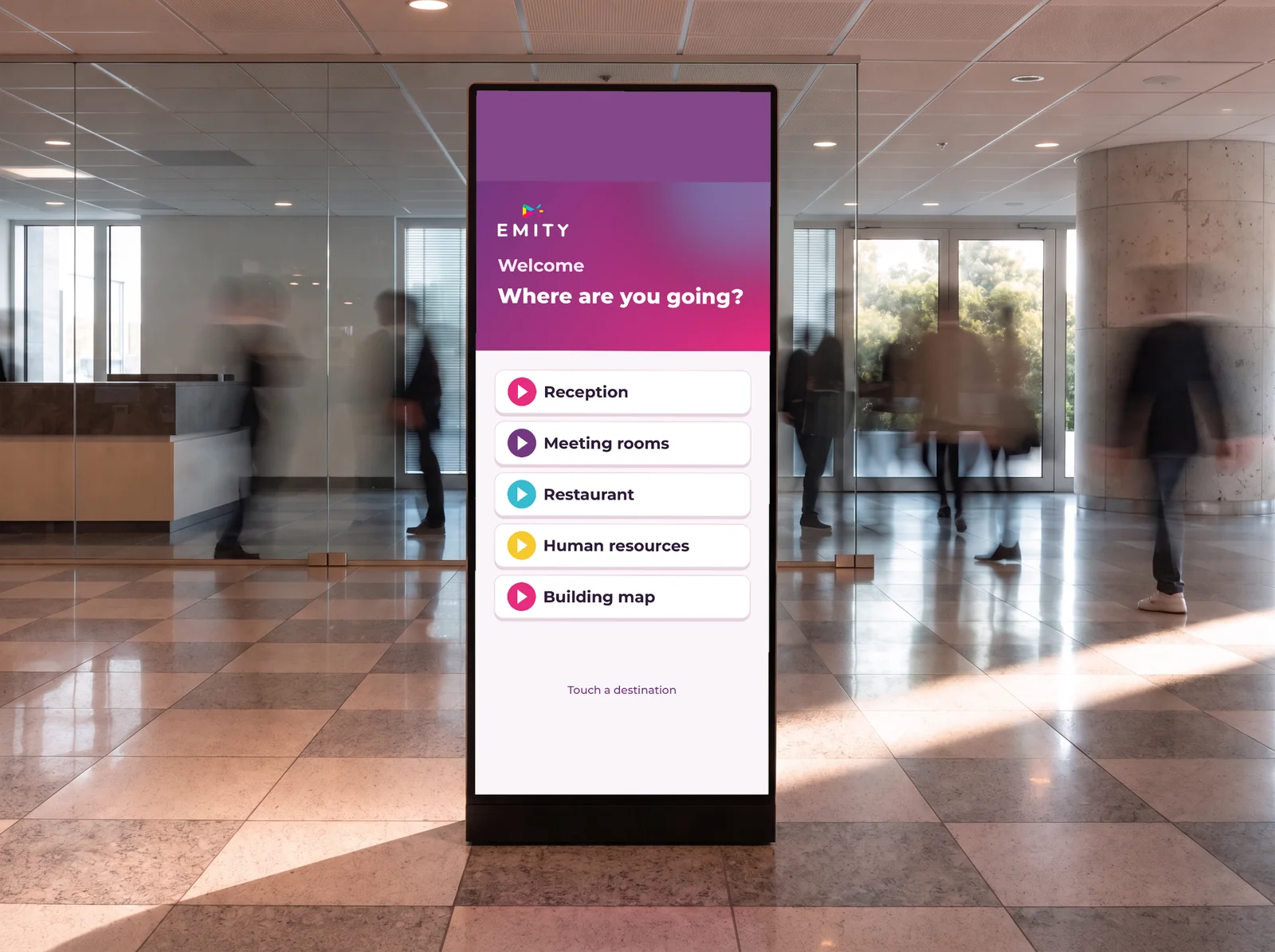 Touchscreen totem showing “Where are you going?” in a head office lobby: reception, meeting rooms, restaurant, human resources, building map