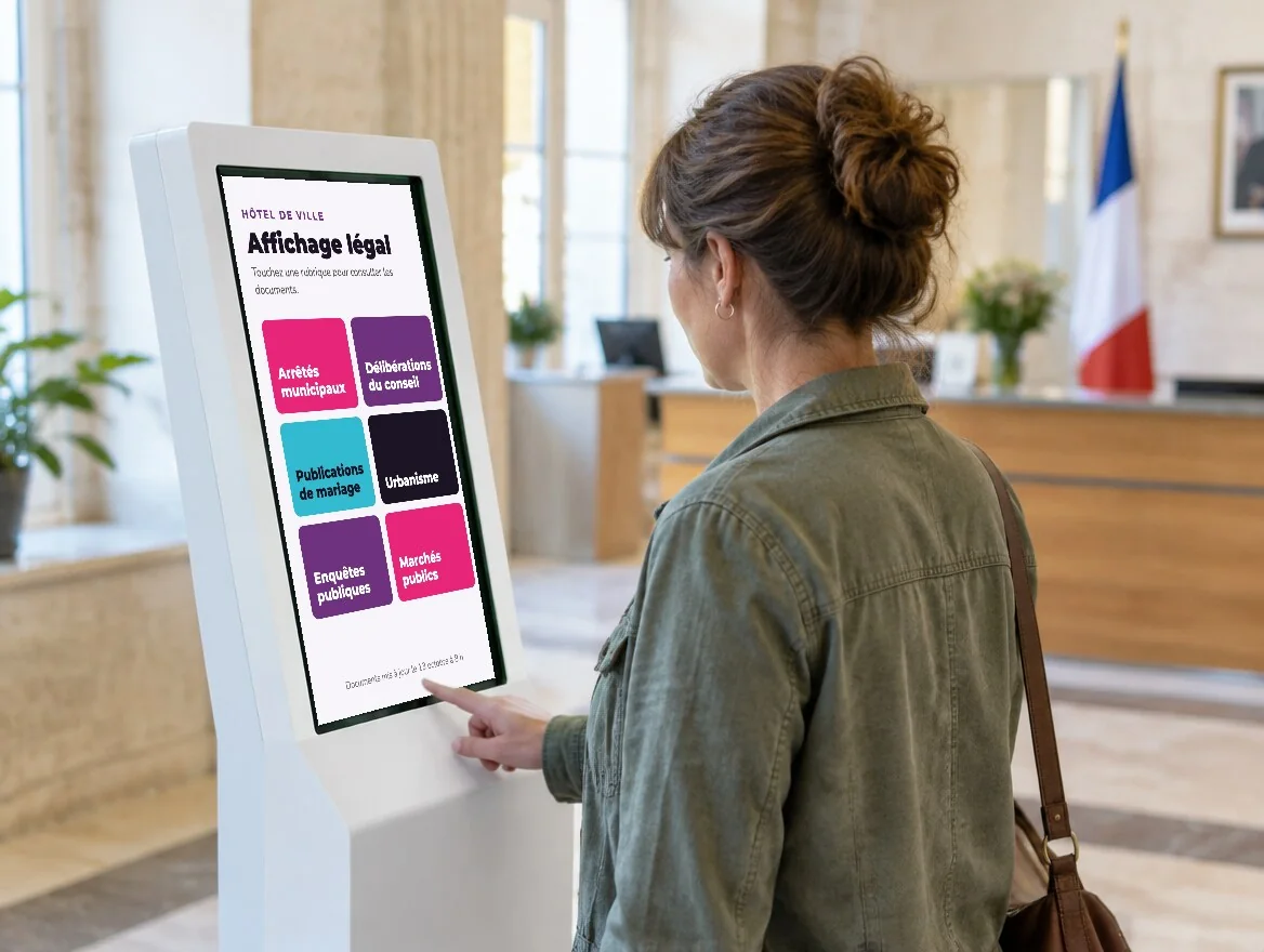 Administrée qui consulte l'affichage légal sur une borne tactile d'hôtel de ville : arrêtés, délibérations, urbanisme, marchés publics