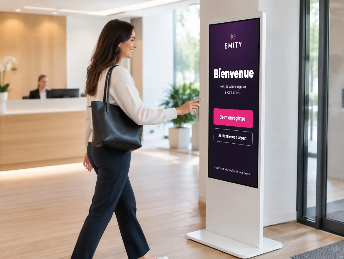 Visiteuse qui s'enregistre sur un totem d'accueil « Bienvenue · Je m'enregistre · Je signale mon départ », devant la réception