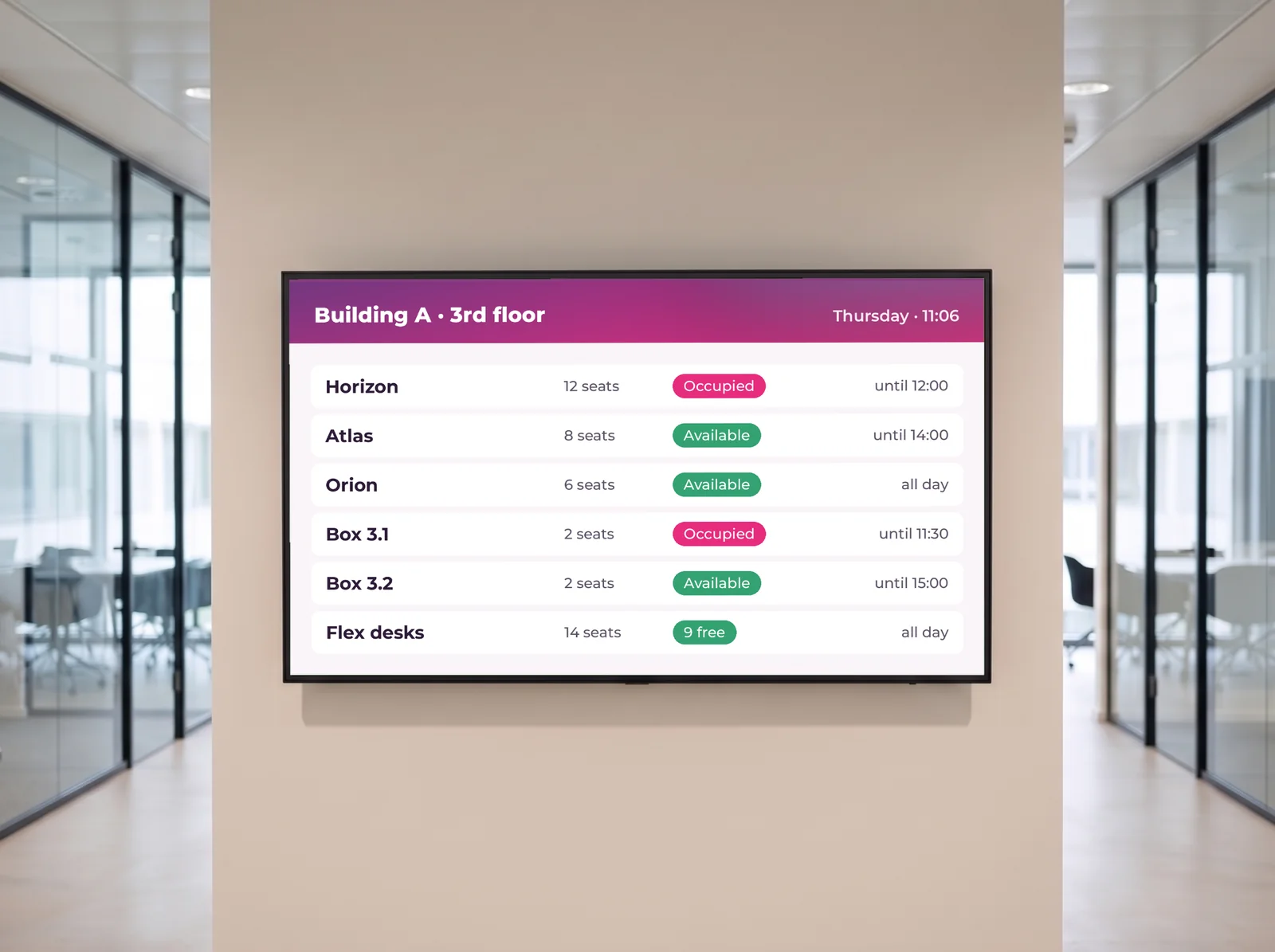 Corridor screen listing the rooms on a floor, available or occupied, and when they free up