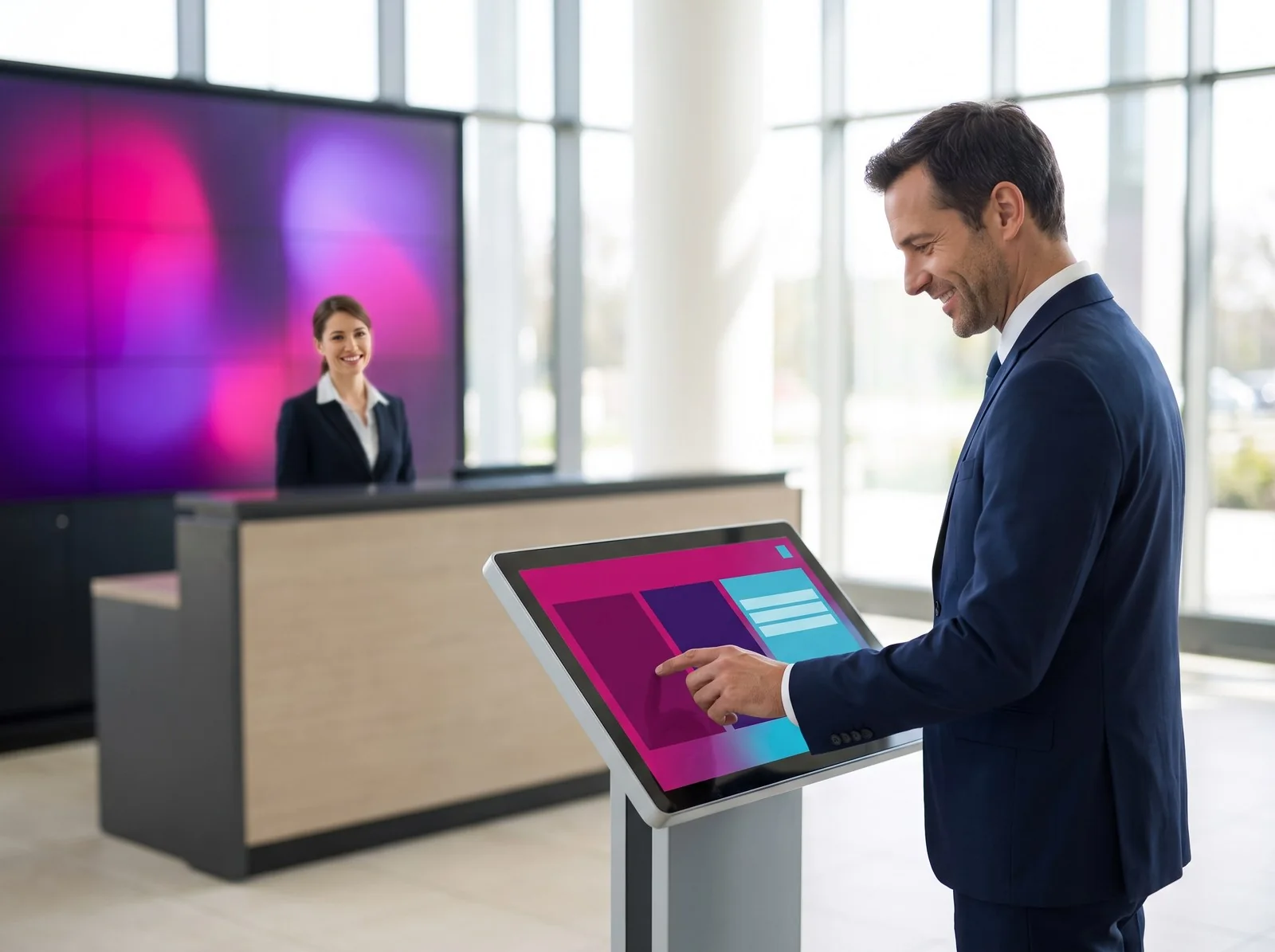 Visitor browsing a touch kiosk on his own at a head office reception, in front of the desk