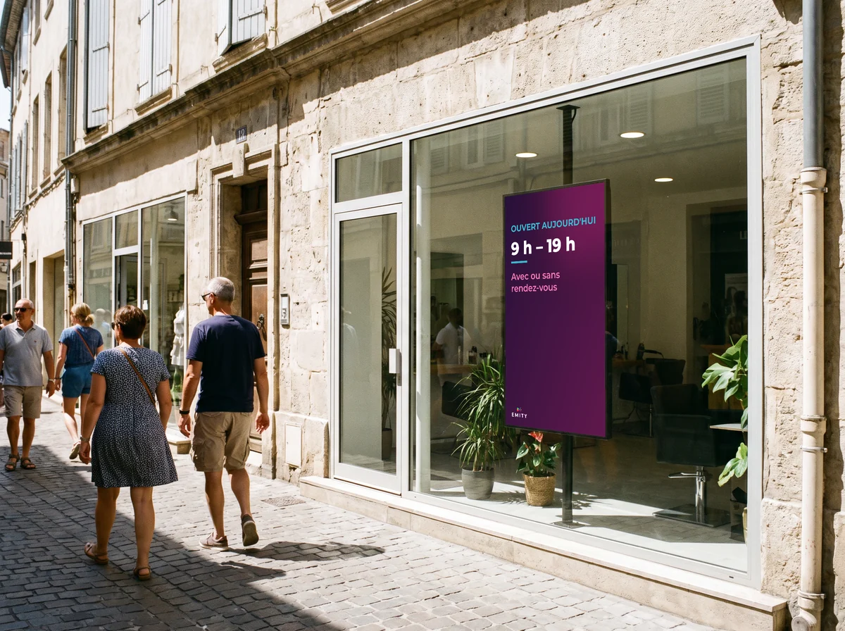 Vitrine de salon en plein soleil : l'écran derrière la vitre reste lisible, « Ouvert aujourd'hui 9 h – 19 h »