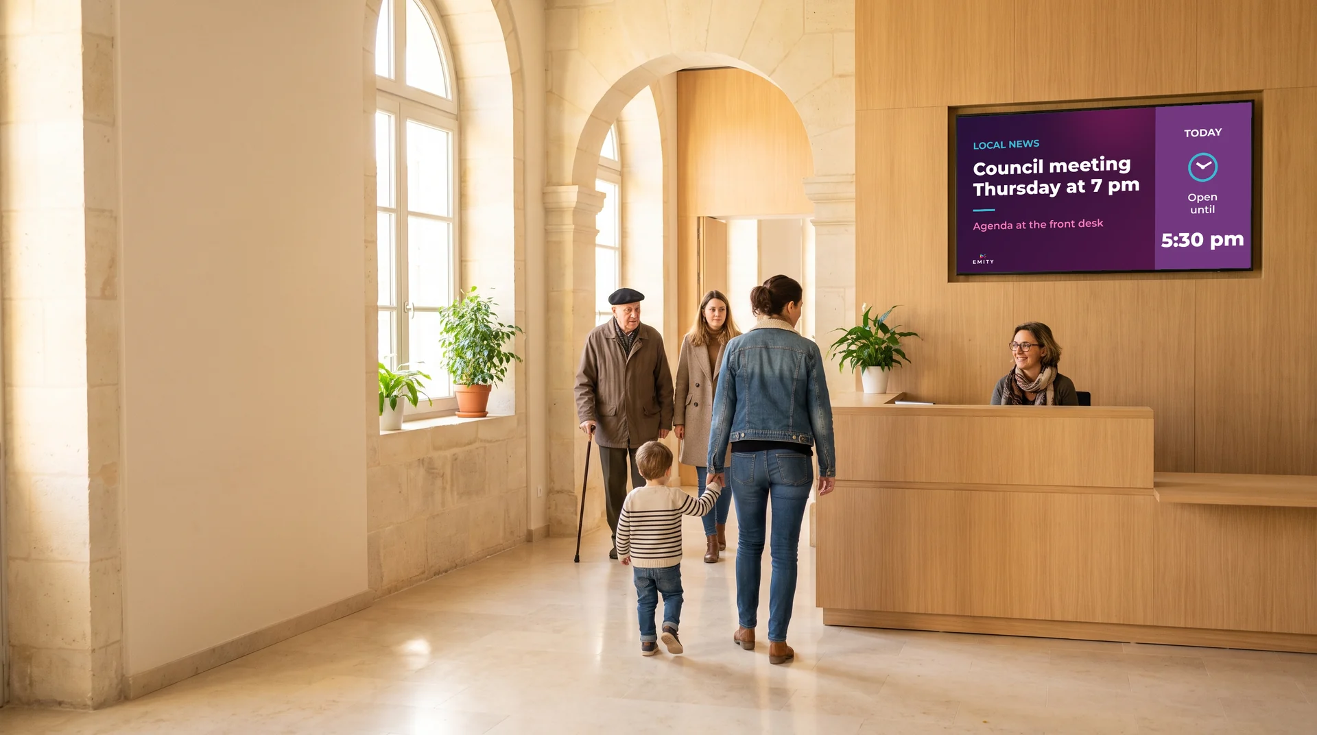 Town hall lobby: screen announcing the council meeting and closing time