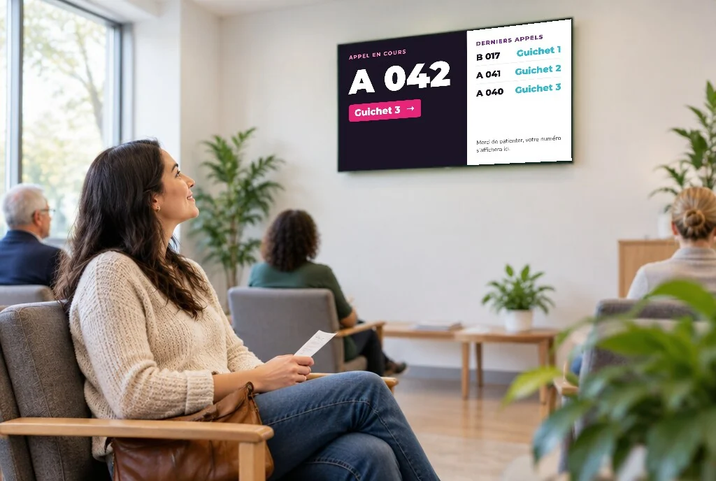 Salle d'attente : une visiteuse, ticket en main, lit l'écran qui appelle le numéro A 042 au guichet 3