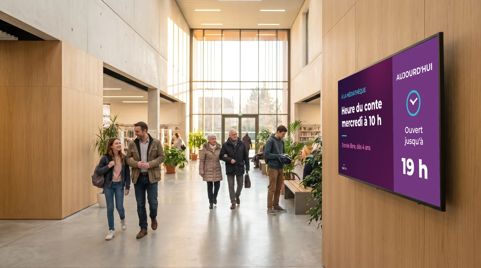 Hall d'une médiathèque municipale : l'écran mural annonce l'heure du conte mercredi à 10 h et l'ouverture jusqu'à 19 h