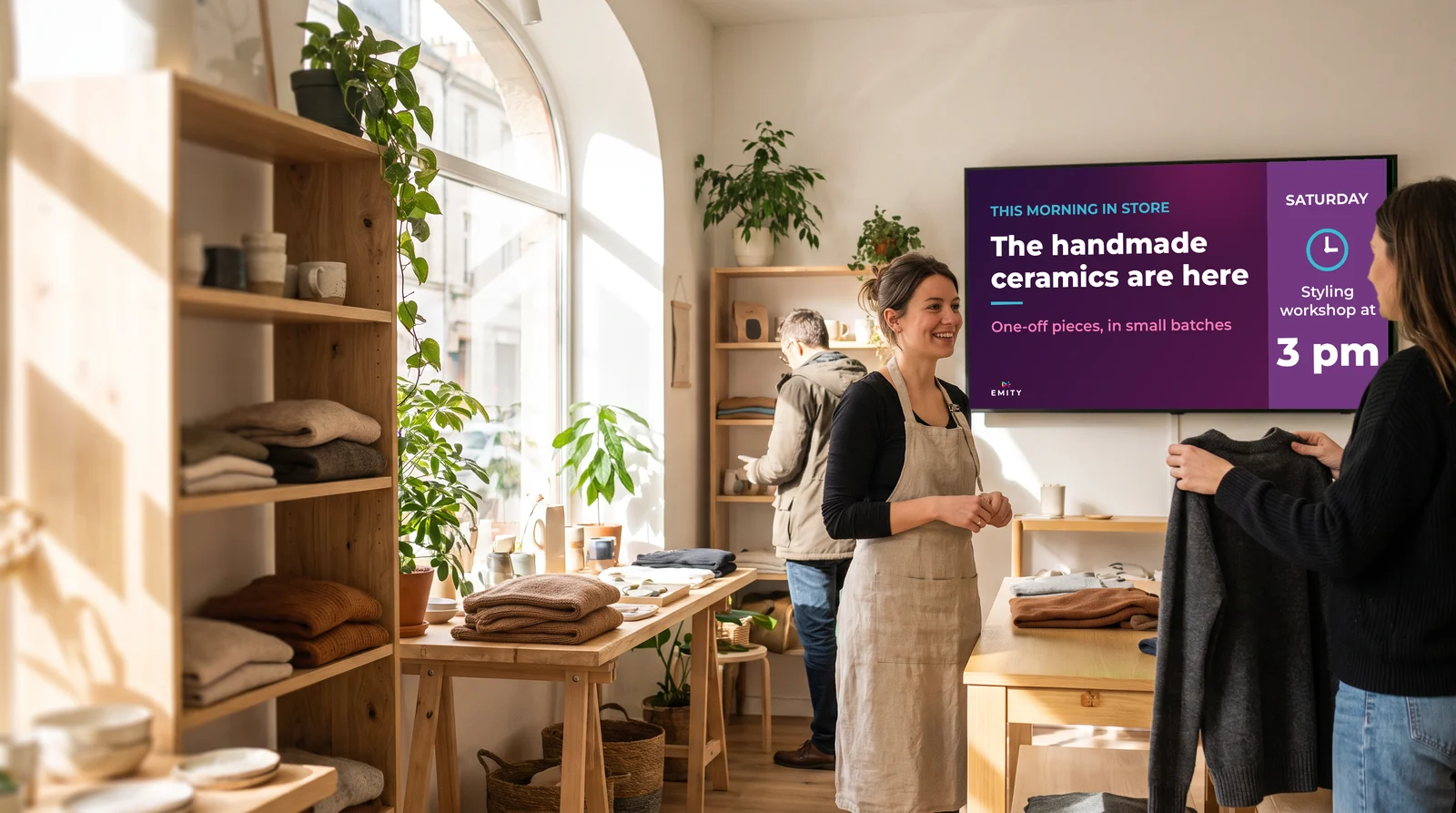 Light-wood concept store: the sales assistant advises a customer under a screen announcing the arrival of handmade ceramics and a Saturday workshop