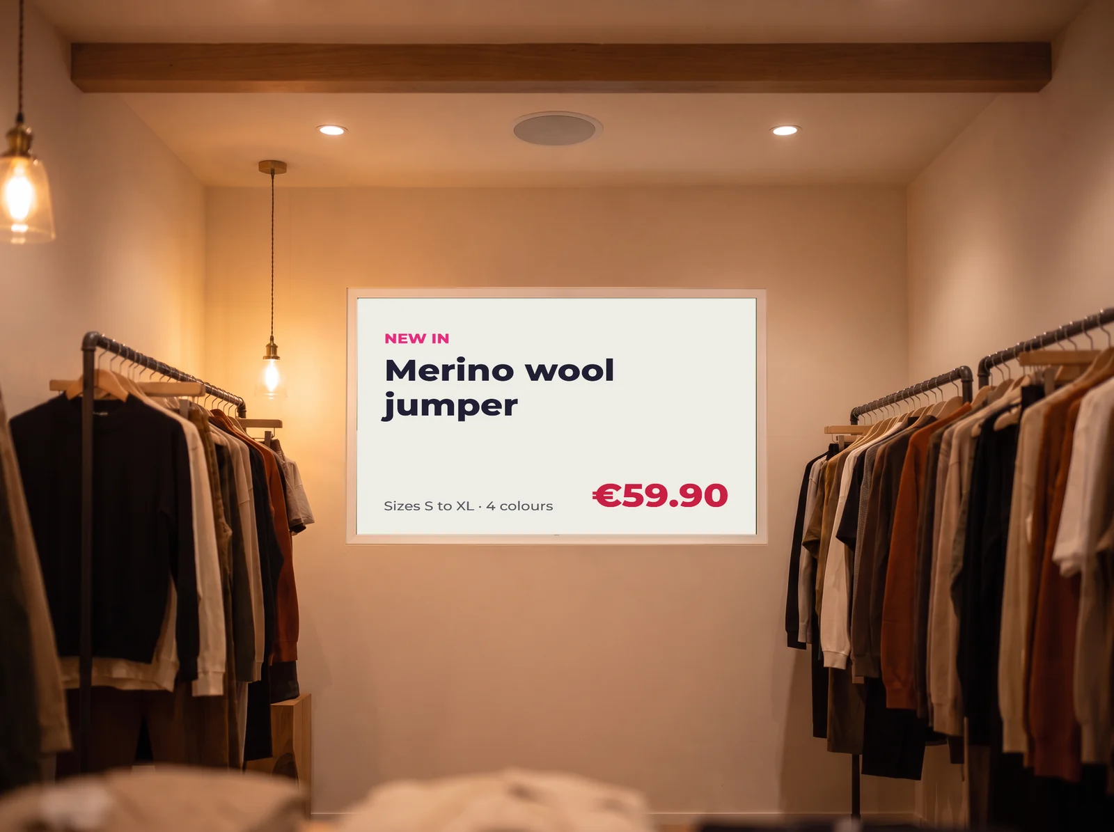 Digital-ink poster between two clothing rails: new in, merino wool jumper and its price