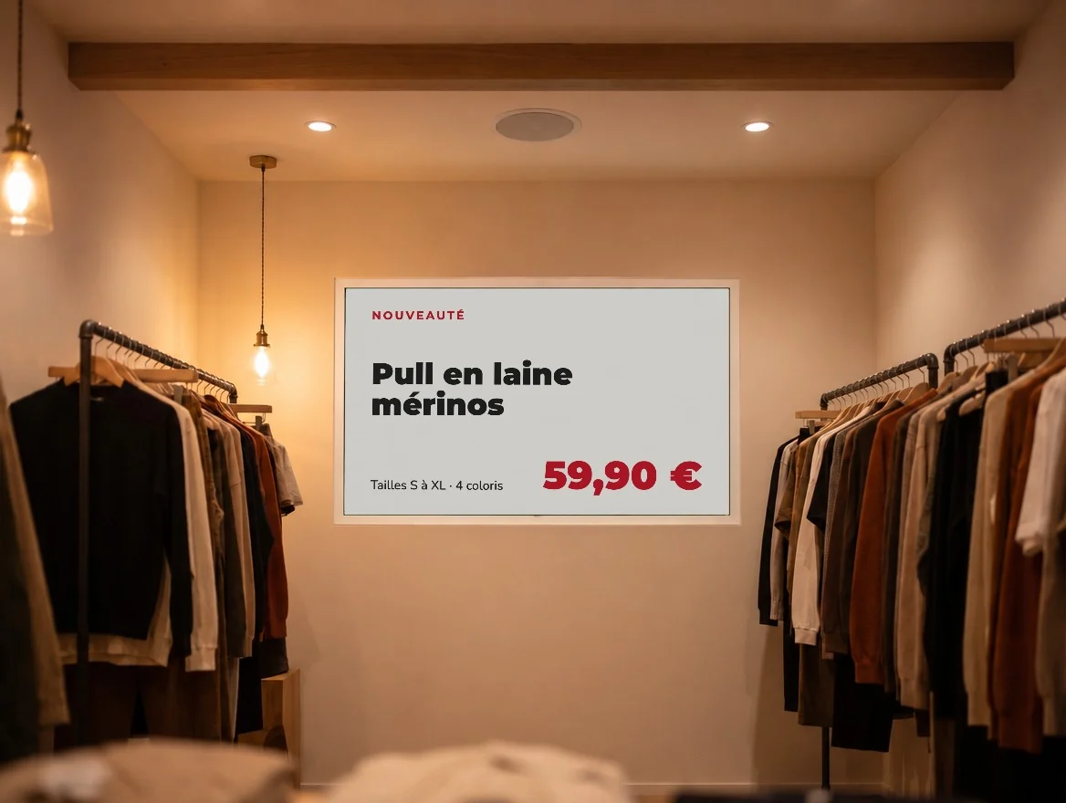 Affiche à encre numérique entre deux portants de vêtements : nouveauté, pull en laine mérinos et son prix