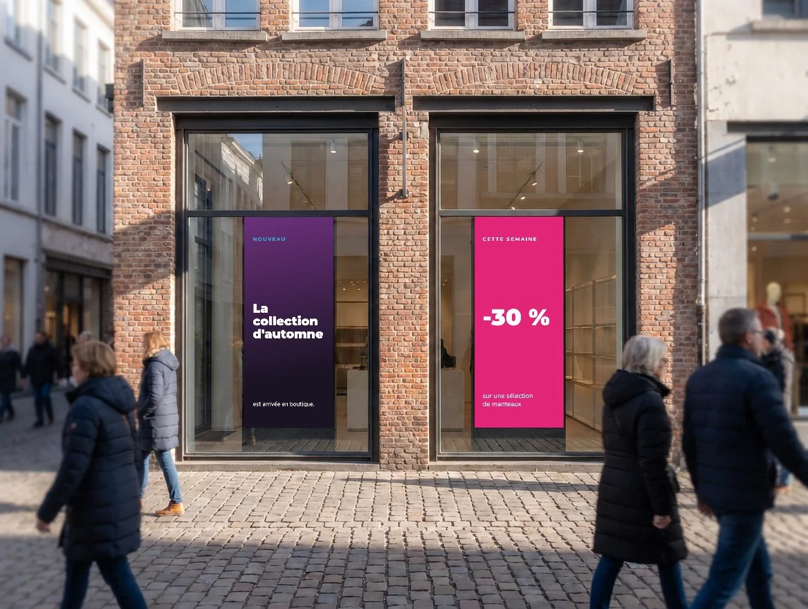 Passants devant une boutique dont les deux écrans de vitrine annoncent la collection d'automne et une sélection de manteaux