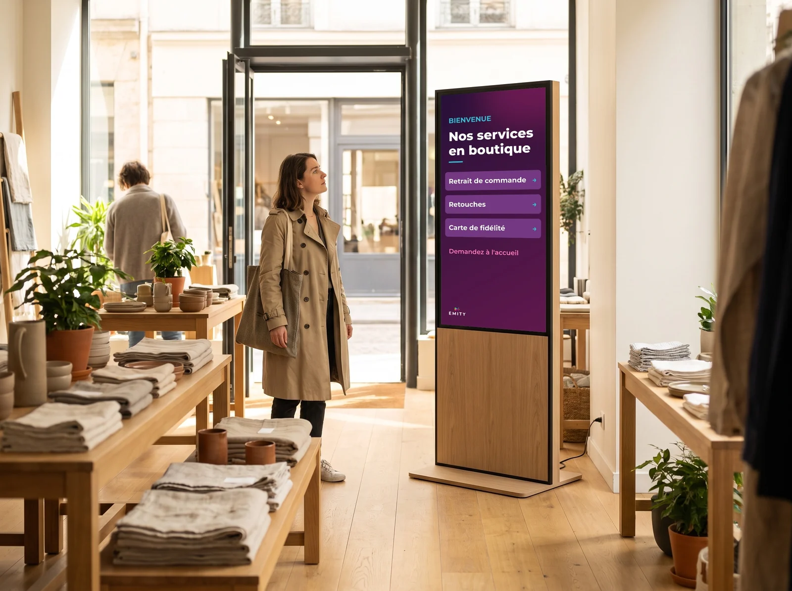 Cliente qui vient d'entrer et lit le totem d'accueil : retrait de commande, retouches, carte de fidélité