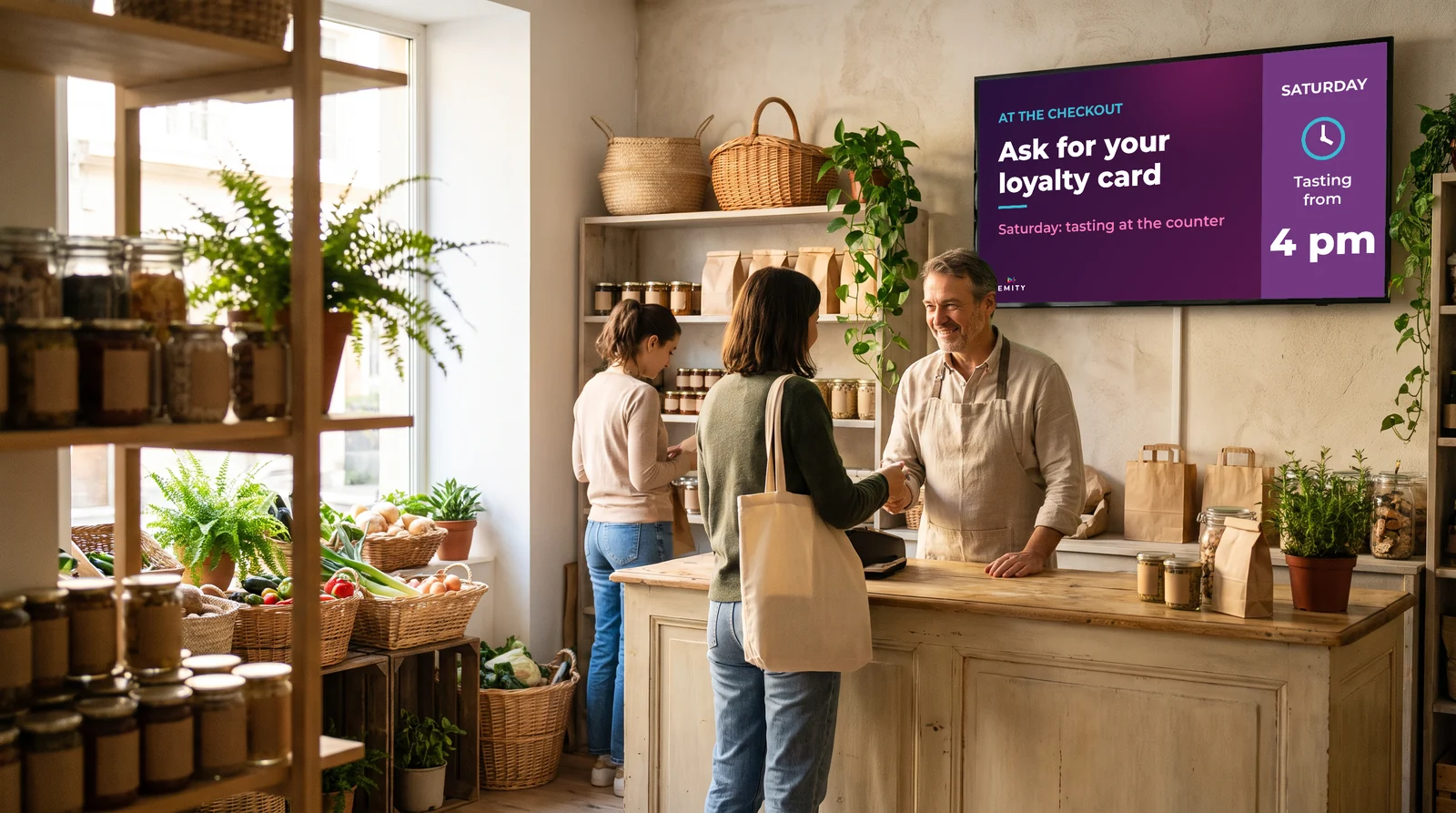 Grocery counter: above the shopkeeper, the screen invites customers to ask for a loyalty card and announces a Saturday tasting
