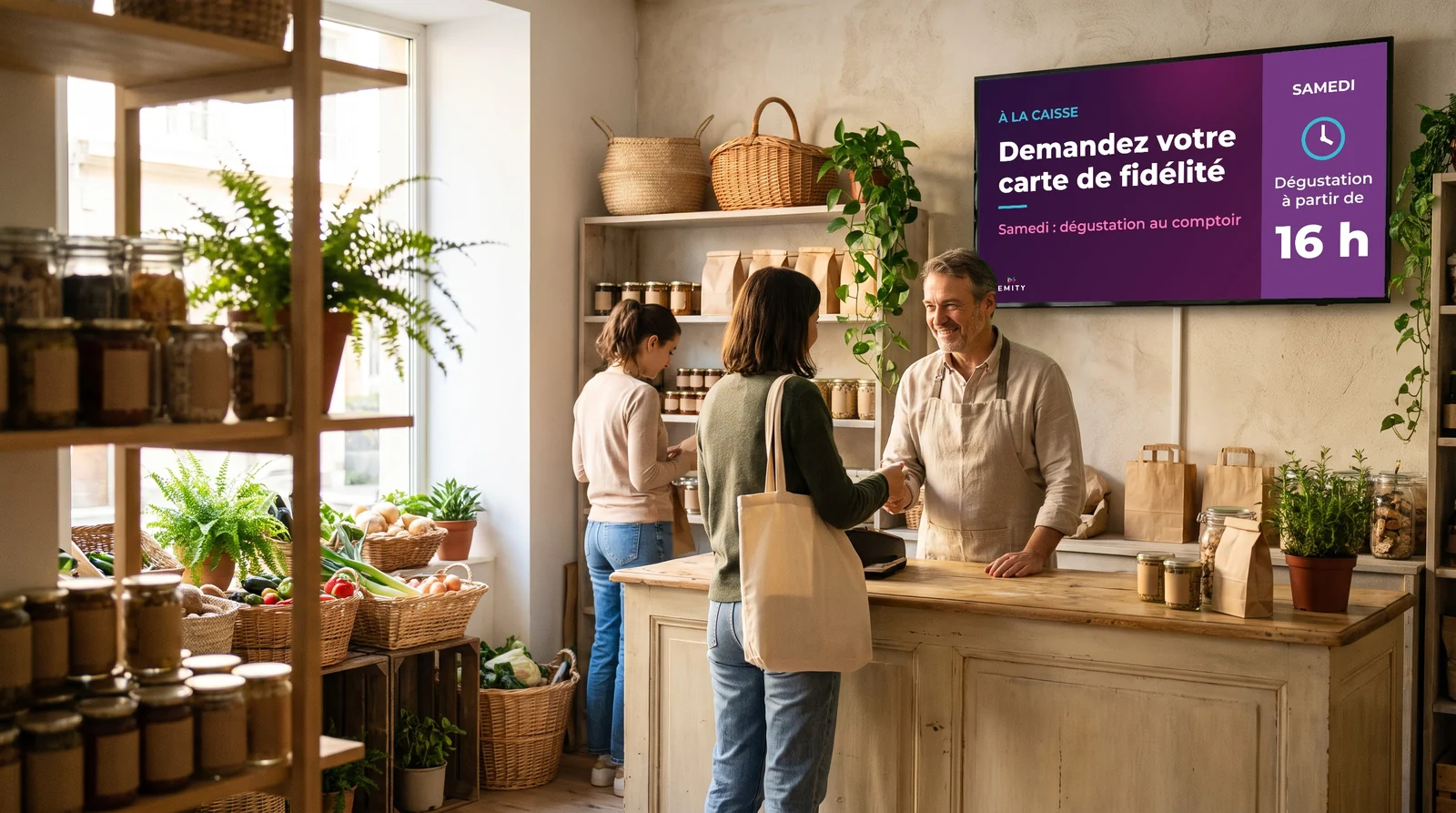 Comptoir d'une épicerie : au-dessus du commerçant, l'écran invite à demander la carte de fidélité et annonce une dégustation le samedi