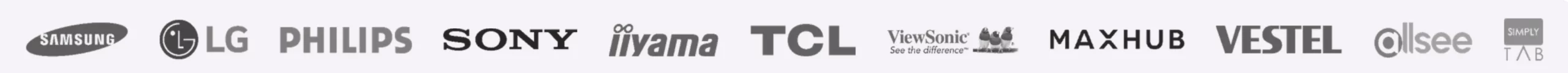 Logos des fabricants d'écrans compatibles : Samsung, LG, Philips, Sony, iiyama, TCL, ViewSonic, MAXHUB, VESTEL, Allsee, SimplyTab