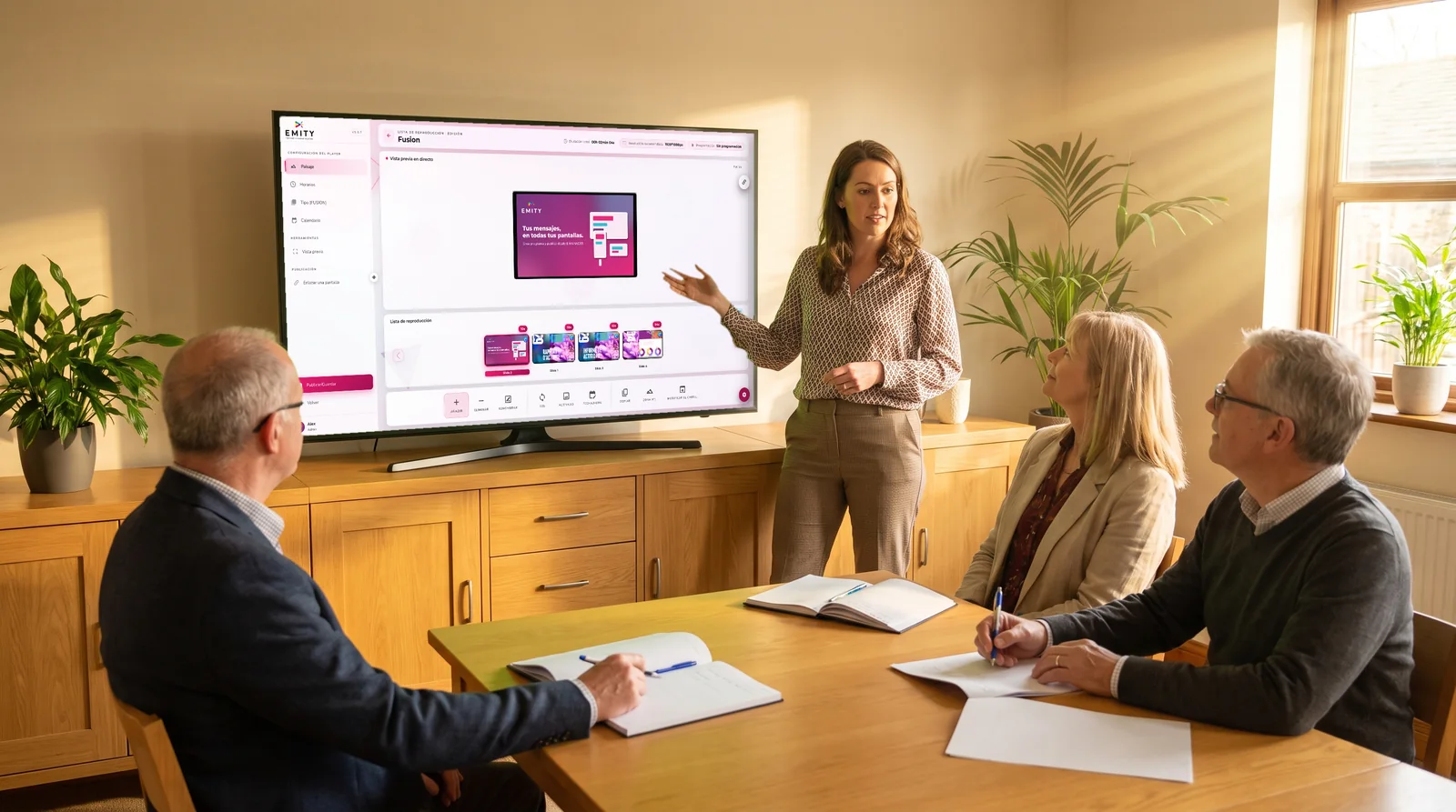Formación: una formadora muestra E-MANAGER en una pantalla mural a tres futuros socios