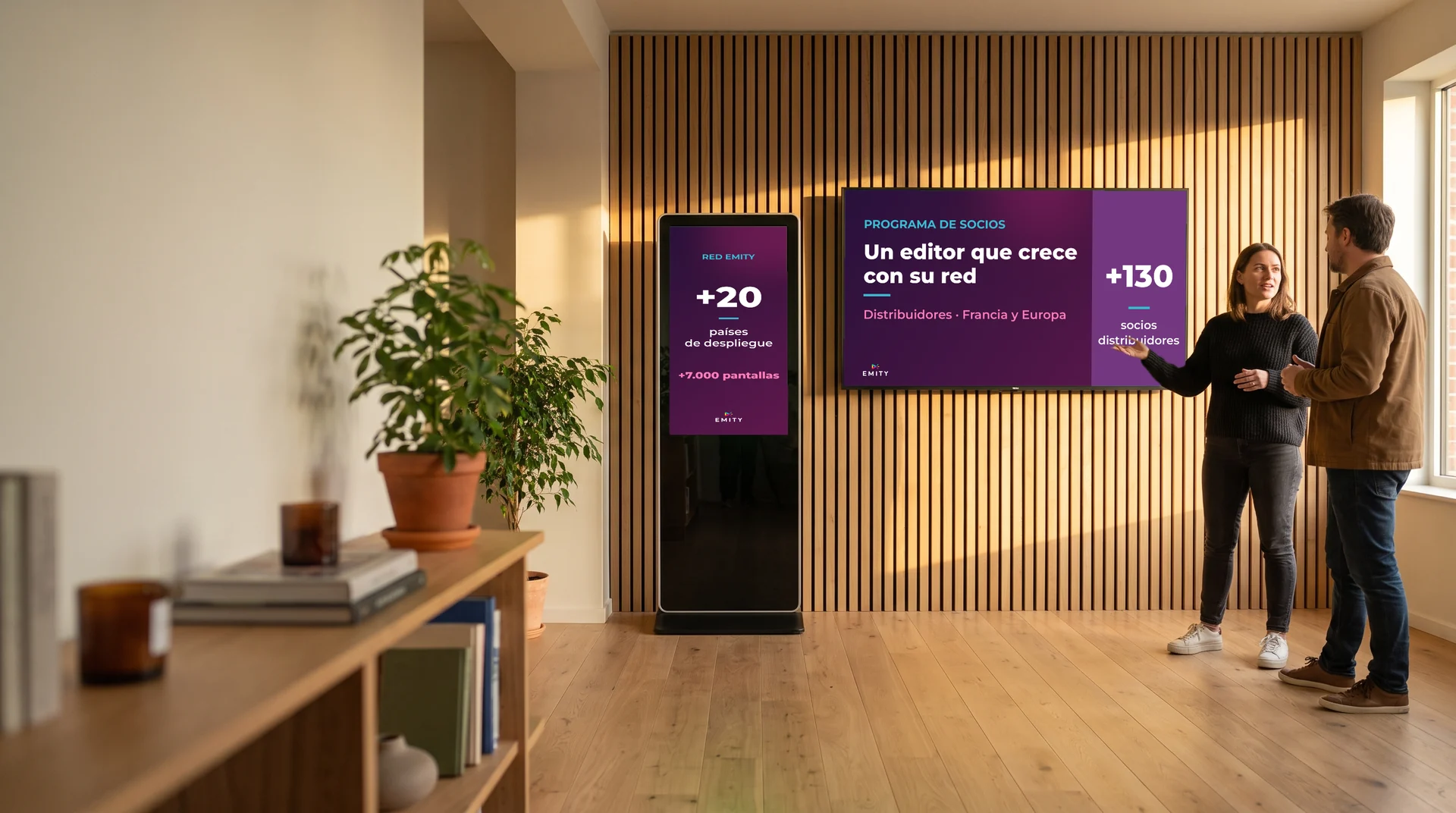 Showroom de un integrador: una asesora presenta a un cliente un tótem «+20 países de despliegue» y una pantalla mural «Programa de socios»